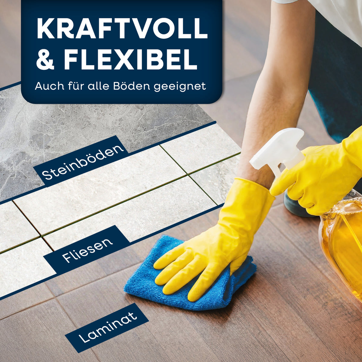 Orangenreiniger - 4 x 500 ml Konzentrat inkl. Sprühflasche zeigt Anwendung auf Steinböden, Fliesen und Laminat mit gelbem Handschuh.