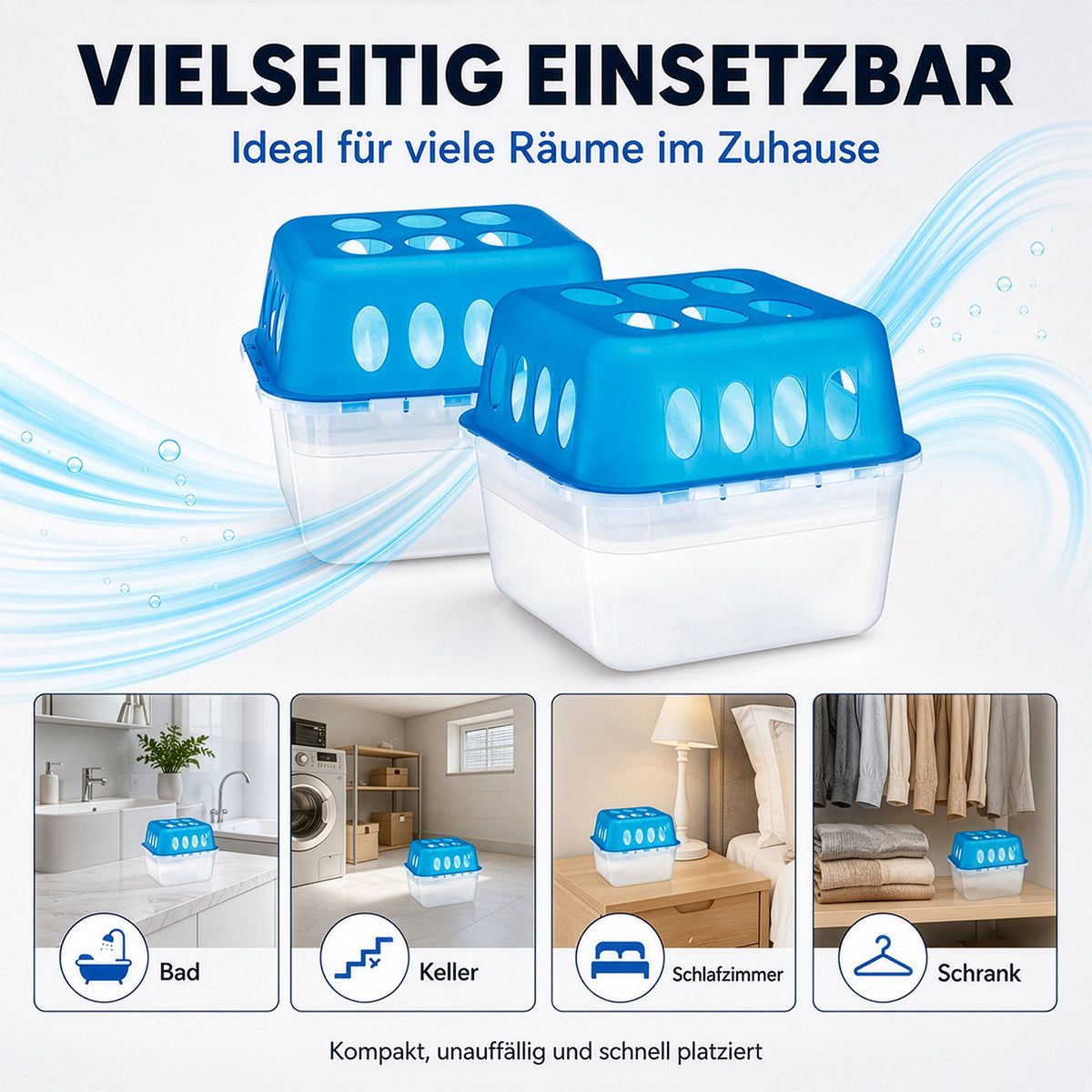 Luftentfeuchter-Set, 2 Behälter inkl. 4 Beutel für Bad, Keller, Schlafzimmer und Schrank, kompakt platzierbar
