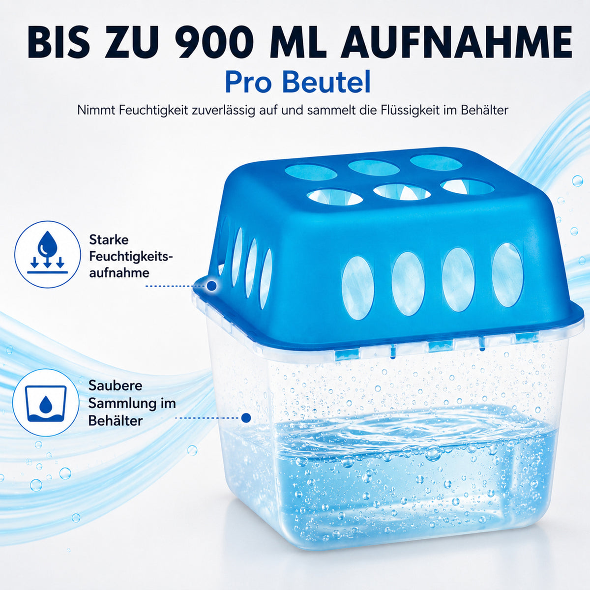 Luftentfeuchter-Set, 2 Behälter inkl. 4 Beutel mit bis zu 900 ml Aufnahme pro Beutel und sauberer Flüssigkeitssammlung