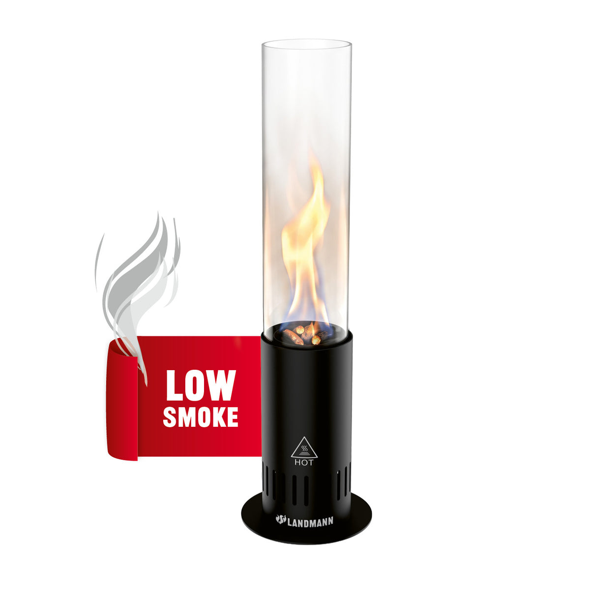 Tisch-Pellet-Fackel in schwarzem Gehäuse mit Glaszylinder und sichtbarer Flamme für raucharmes Feuer