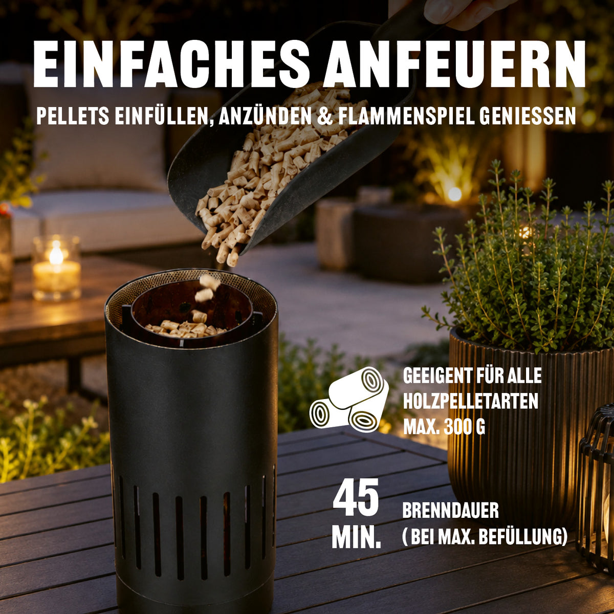Tisch-Pellet-Fackel beim Befüllen mit Holzpellets, 45 Minuten Brenndauer und bis zu 300 g Füllmenge