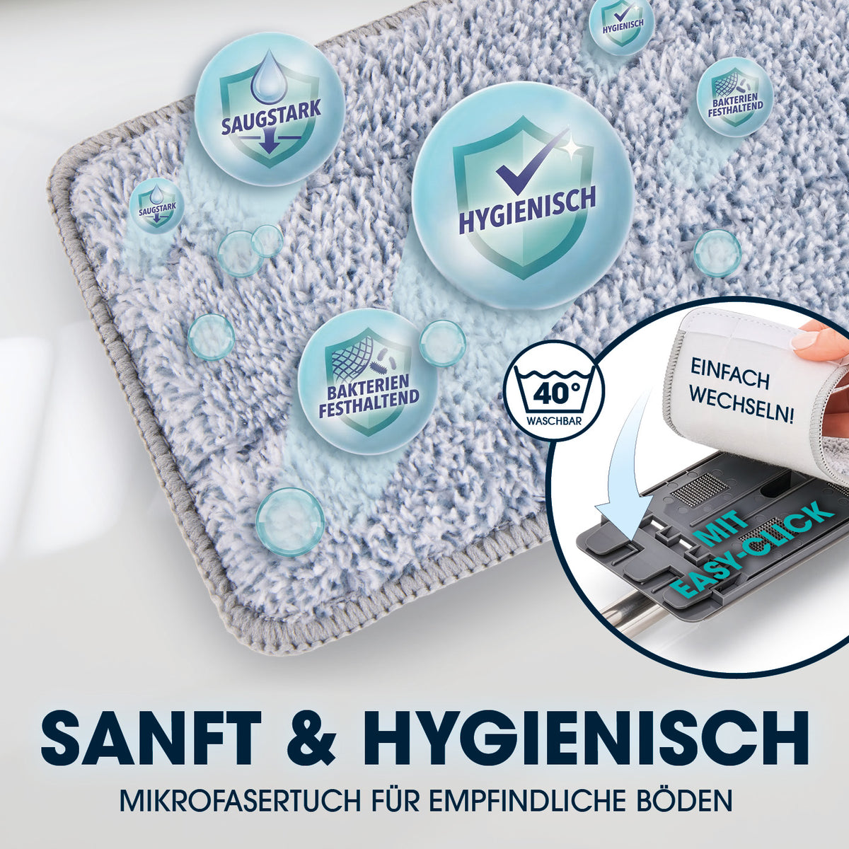 Komfort-Mopp DuoTank - grau-blau + Ersatz-Wischpad 2er-Set mit waschbarem Mikrofaserpad, bakterienhemmend und einfach wechselbar dank Easy-Click-System.