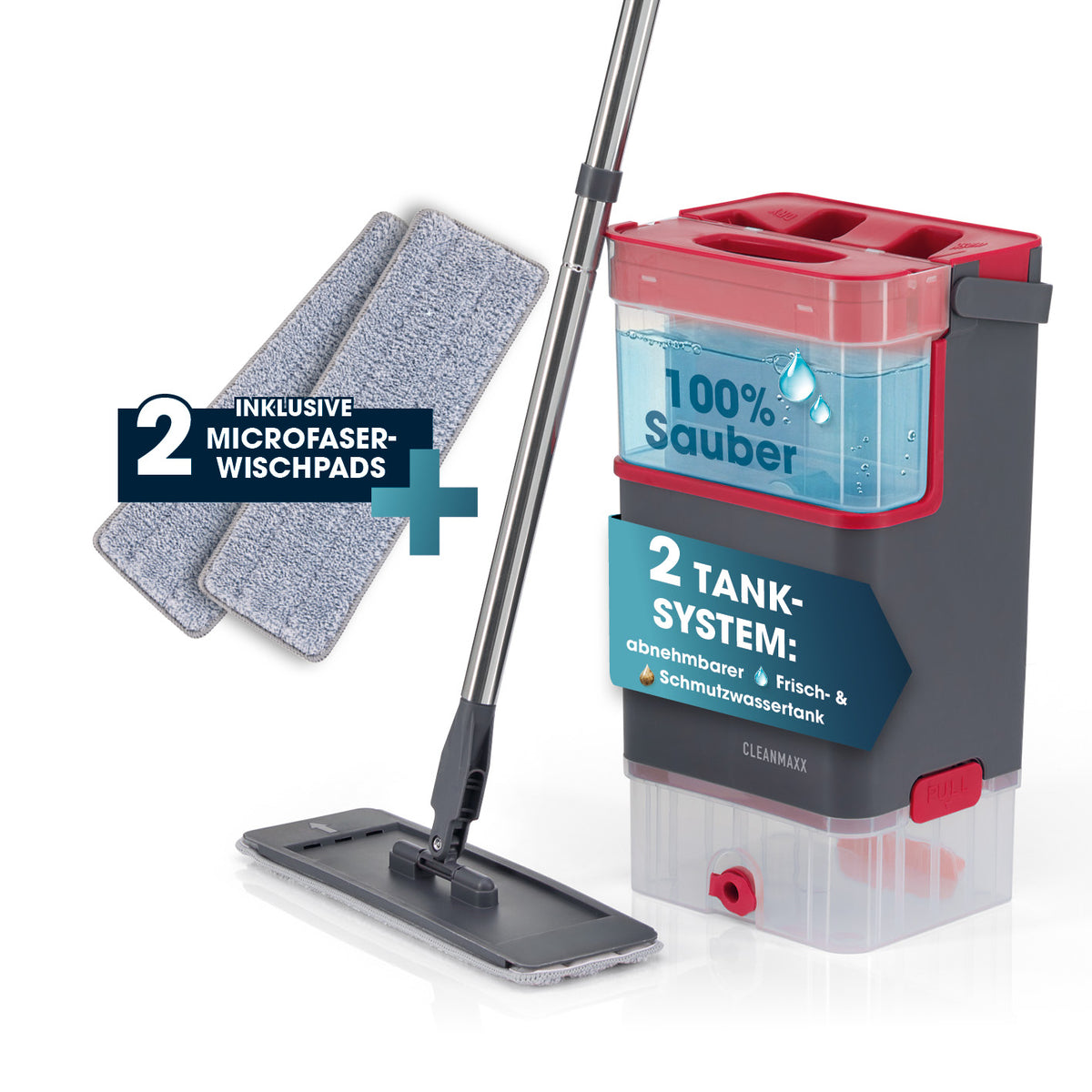 Komfort-Mopp DuoTank - grau-rot + Ersatz-Wischpad 2er-Set mit abnehmbaren Tanks und zwei waschbaren Mikrofaser-Wischpads.