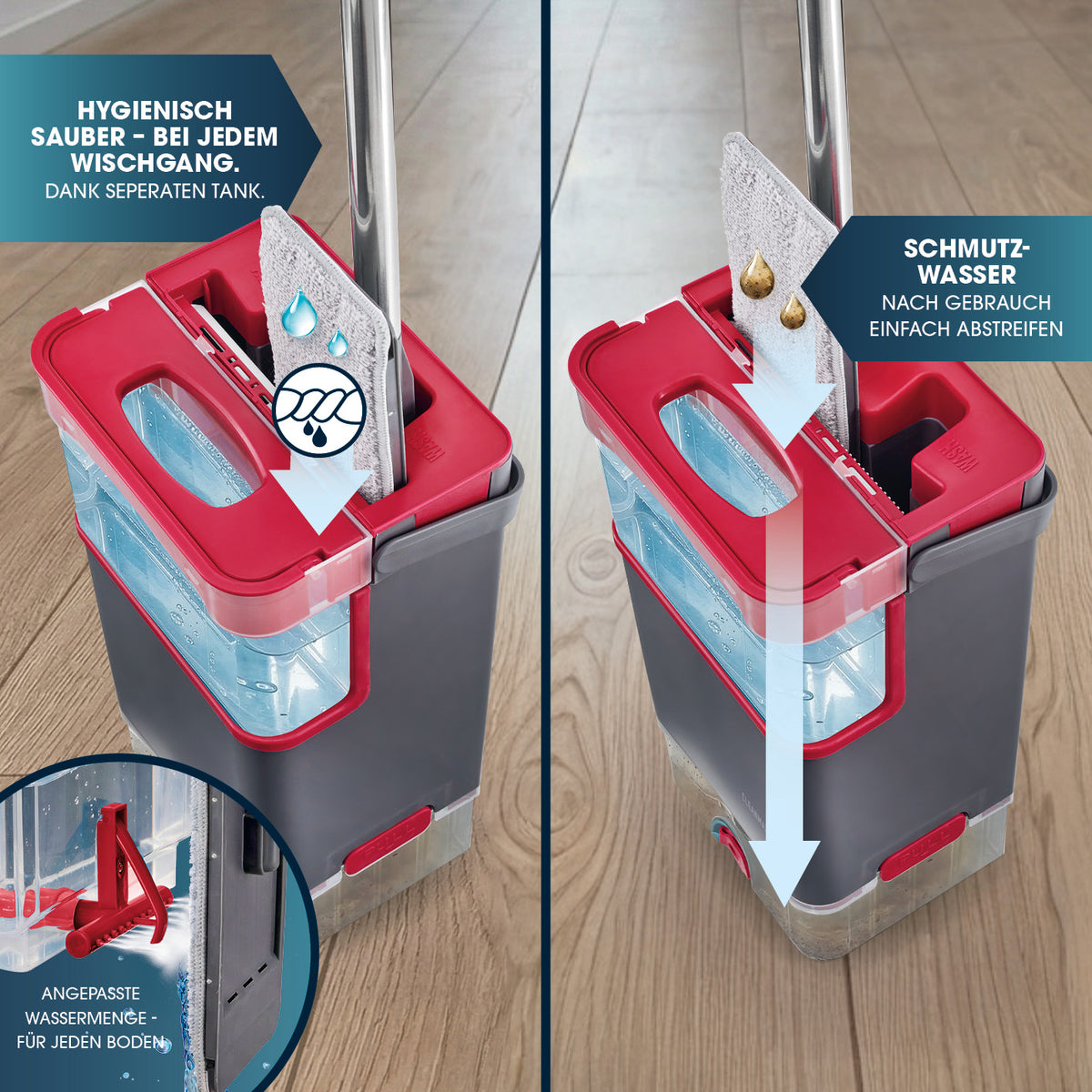 Komfort-Mopp DuoTank - grau-rot + Ersatz-Wischpad 2er-Set mit separatem Frisch- und Schmutzwassertank für hygienisches und einfaches Wischen.