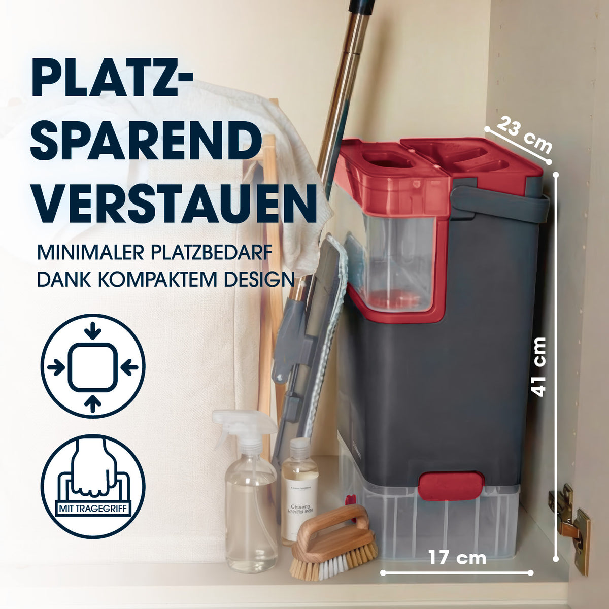 Komfort-Mopp DuoTank - grau-rot + Ersatz-Wischpad 2er-Set mit kompaktem Design für platzsparende Aufbewahrung und praktischem Tragegriff.