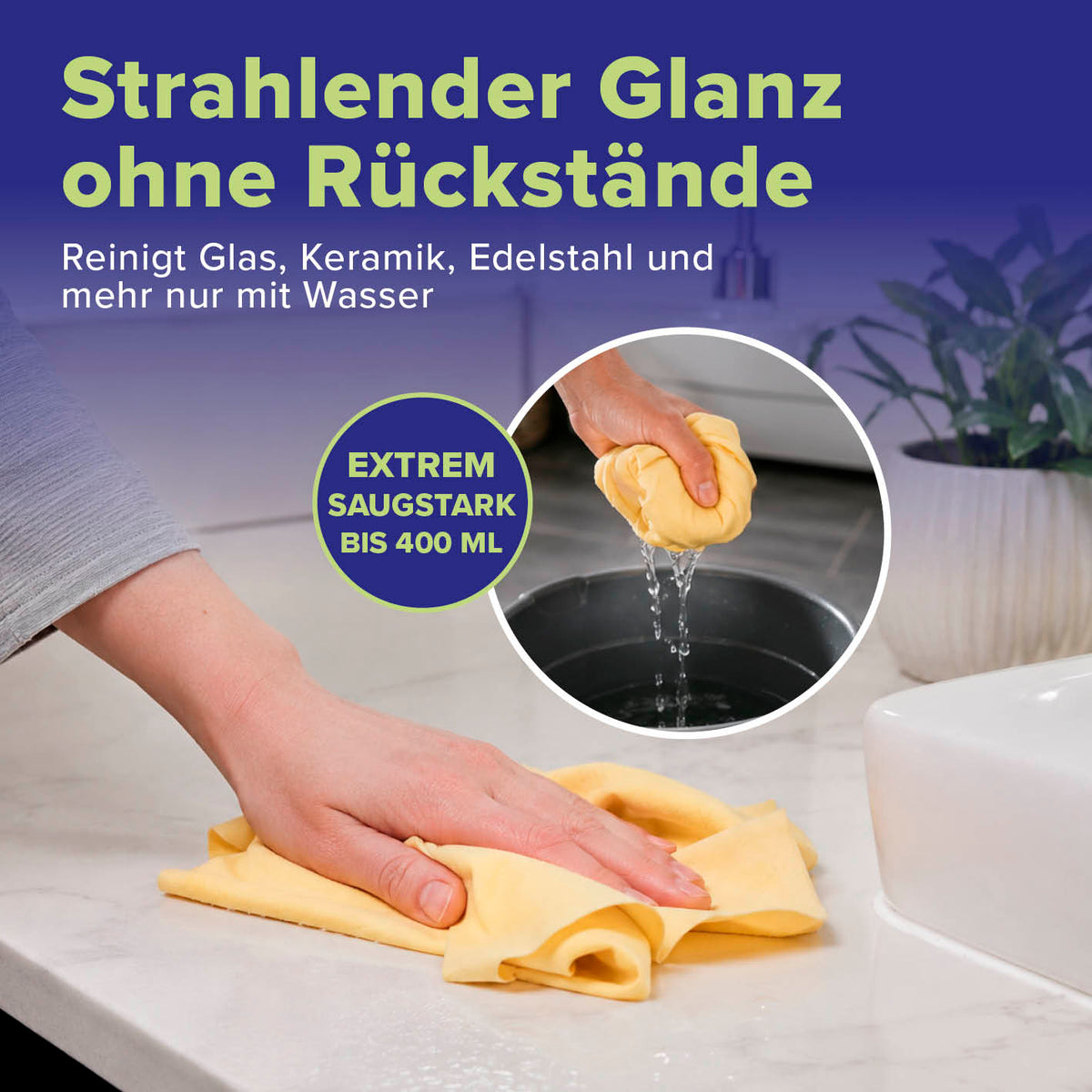 Wundertuch für strahlenden Glanz ohne Rückstände auf Glas Keramik und Edelstahl mit Wasser auswringbar bis 400 ml saugstark