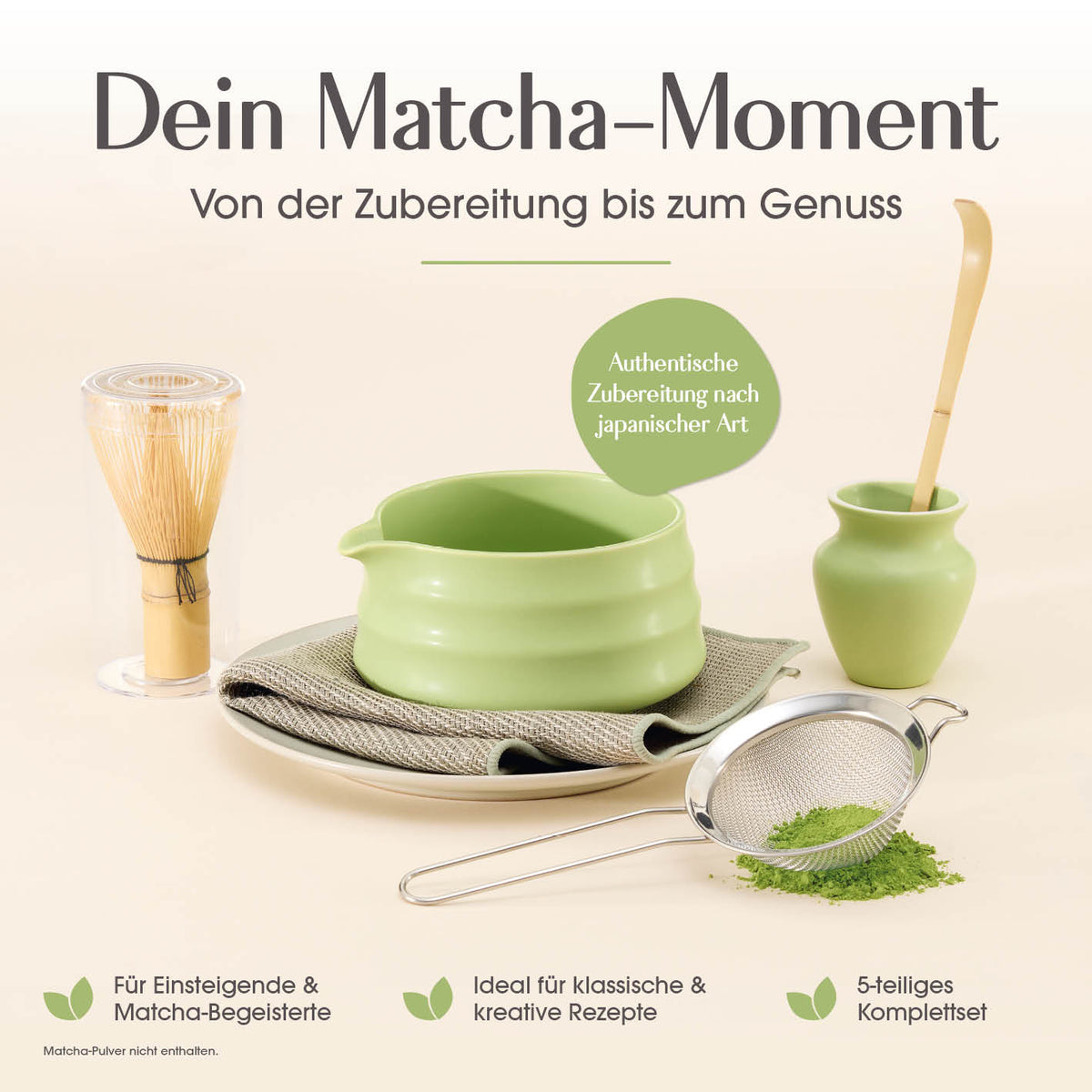 Matcha-Zubereitungsset - 5-tlg. mit Bambusbesen Matchaschale Sieb und Löffel für authentische Zubereitung nach japanischer Art
