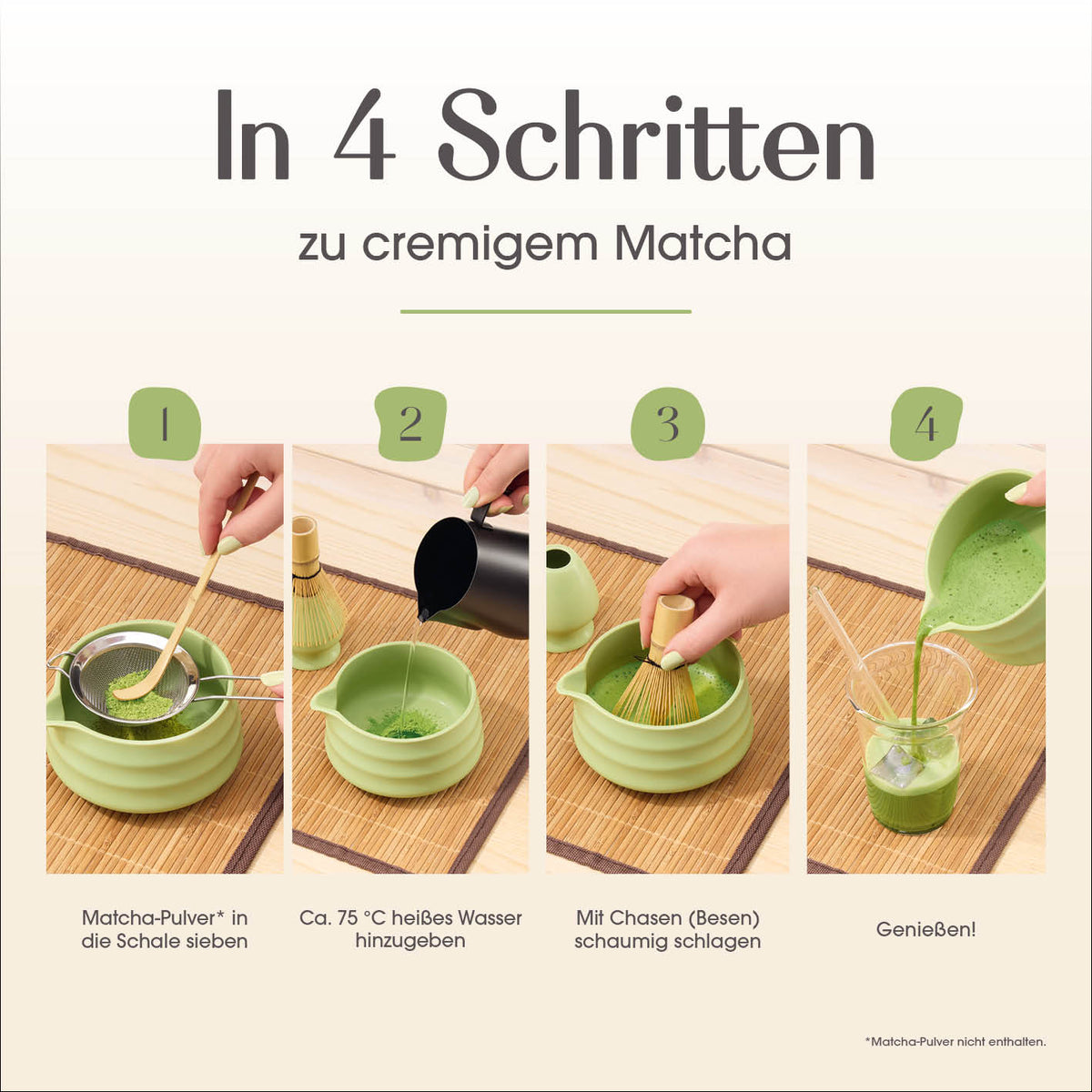 Matcha-Zubereitungsset - 5-tlg. Infografik mit vier Schritten zum cremigen Matcha: Pulver sieben heißes Wasser zugießen aufschlagen und genießen