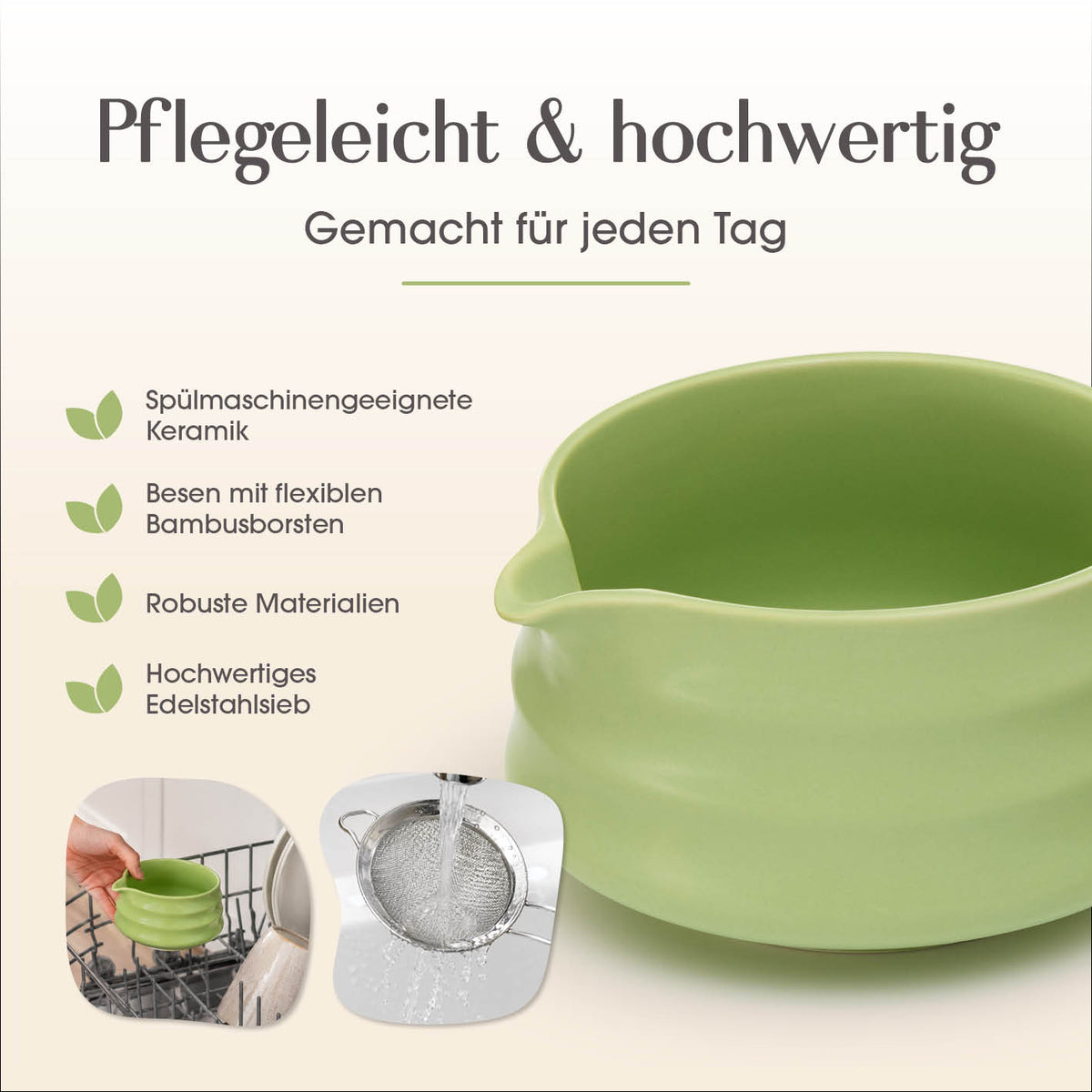 Matcha-Zubereitungsset - 5-tlg. mit grüner Keramikschale Ausgießer und Edelstahlsieb spülmaschinengeeignet