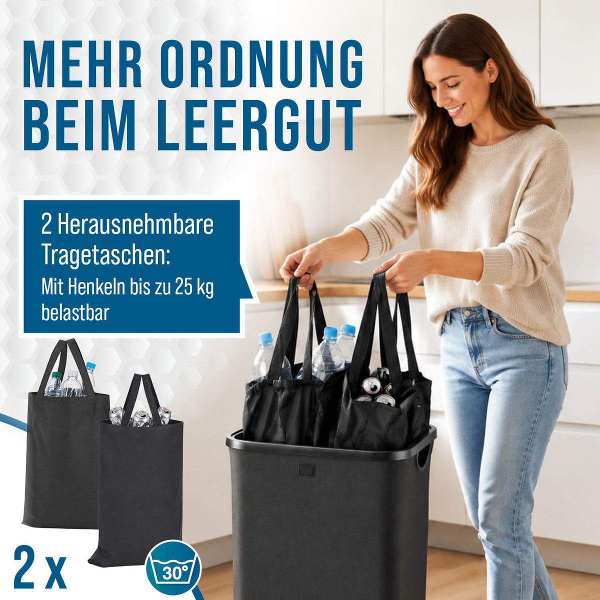 Pfandflaschen-Sammelbehälter mit Doppeleinwurf mit zwei herausnehmbaren Tragetaschen zum Sortieren von Leergut