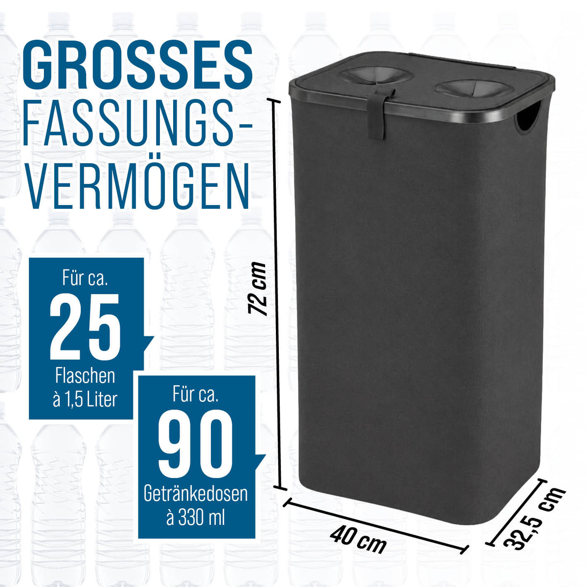 Pfandflaschen-Sammelbehälter mit Doppeleinwurf als Maßgrafik mit 72 cm Höhe, 40 cm Breite und 32,5 cm Tiefe für 25 Flaschen oder 90 Dosen