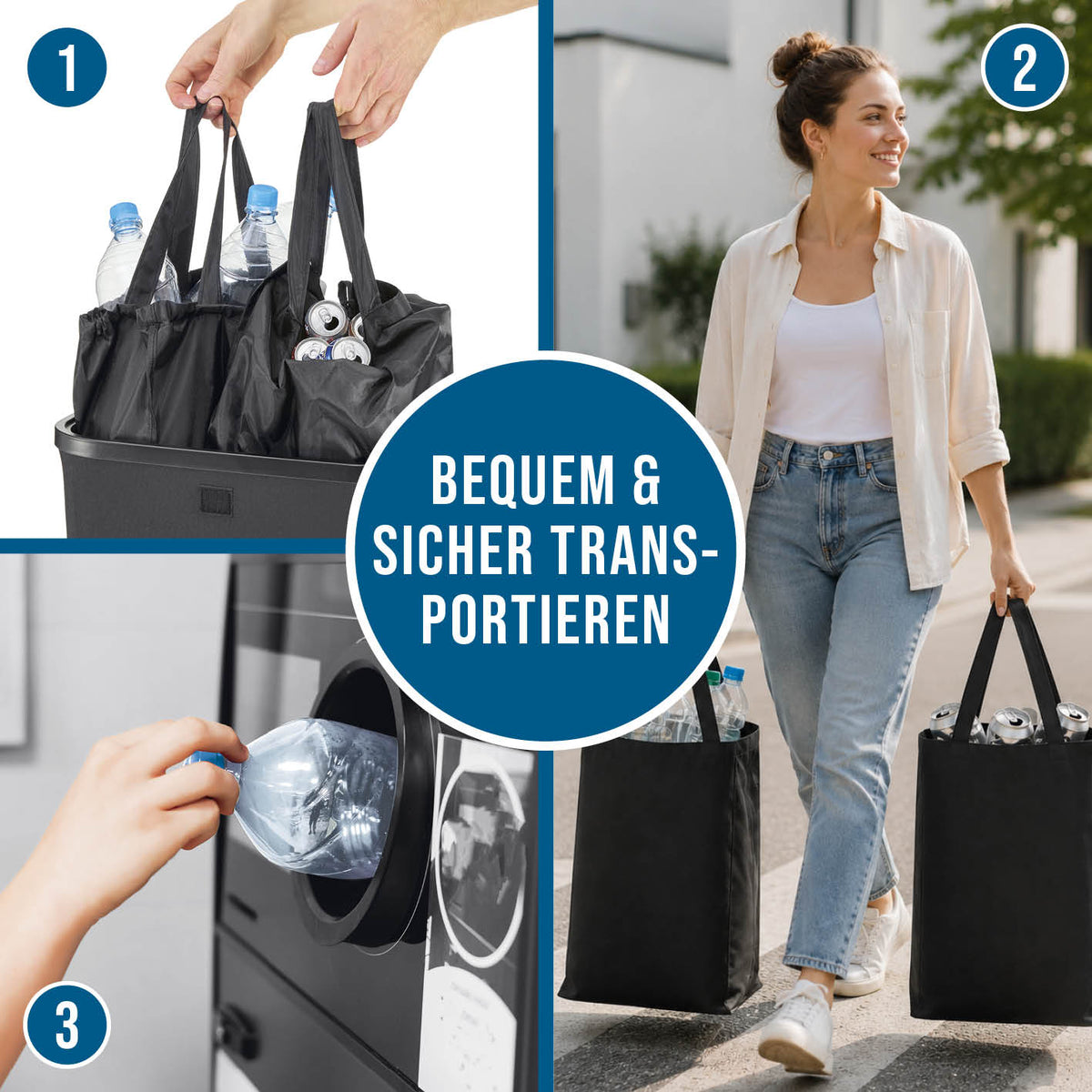 Pfandflaschen-Sammelbehälter mit Doppeleinwurf mit zwei Tragetaschen für den sicheren Transport von Pfandflaschen und Dosen