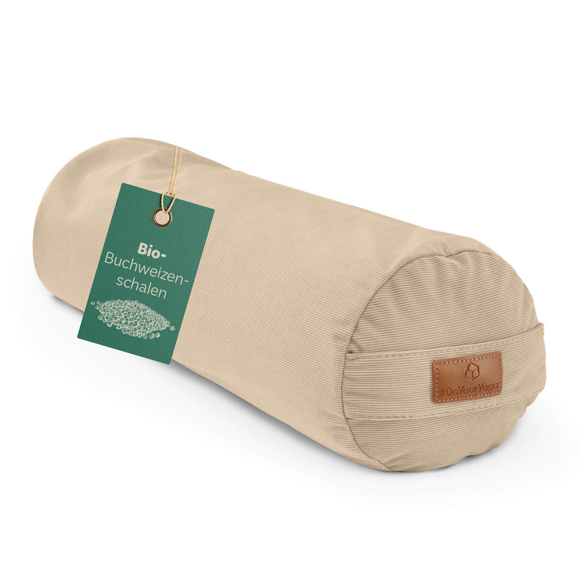 Yoga-Bolster Tarik - gefüllt mit Bio-Buchweizenschalen - 68 x 22 x 22 cm - Creme mit Etikett auf weißem Hintergrund