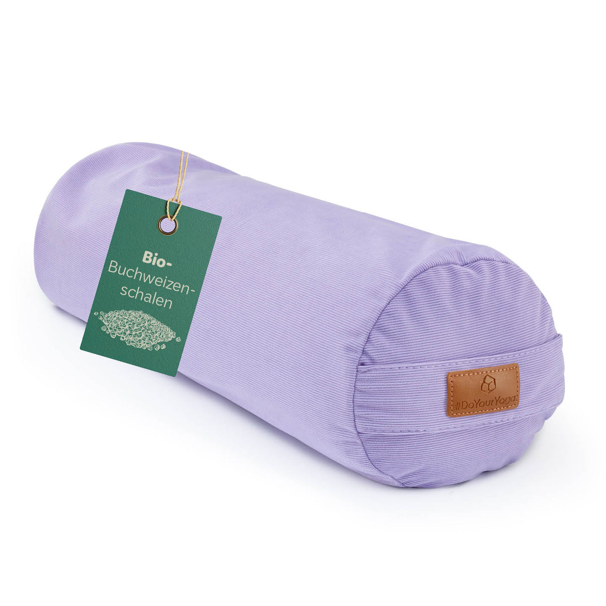 Yoga-Bolster Tarik - gefüllt mit Bio-Buchweizenschalen - 68 x 22 x 22 cm - Lila mit Bio-Etikett auf weißem Hintergrund