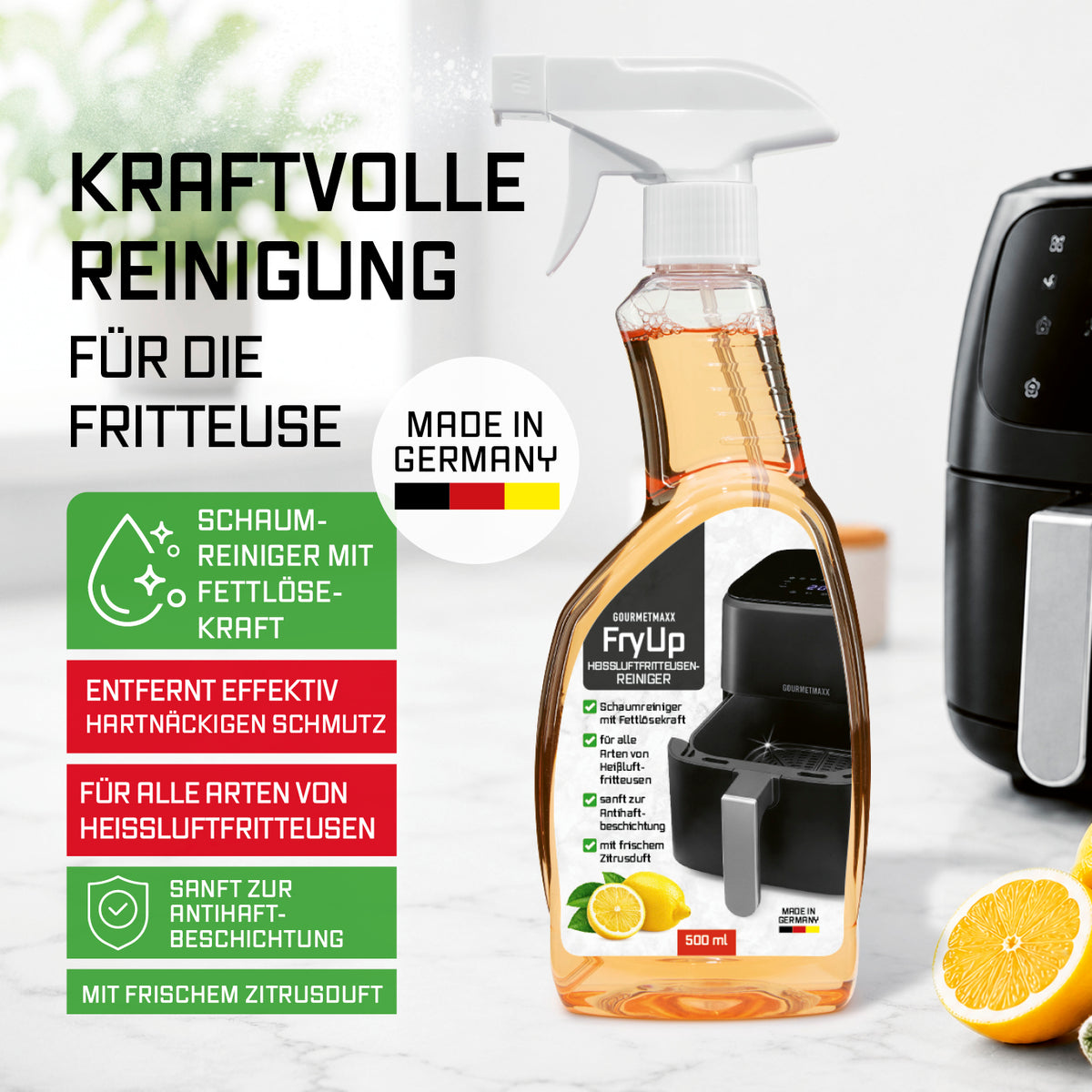 Flasche FryUp Heißluftfritteusen-Reiniger - 500 ml mit frischem Zitrusduft, kraftvollem Schaum und fettlösender Wirkung für gründliche Reinigung.