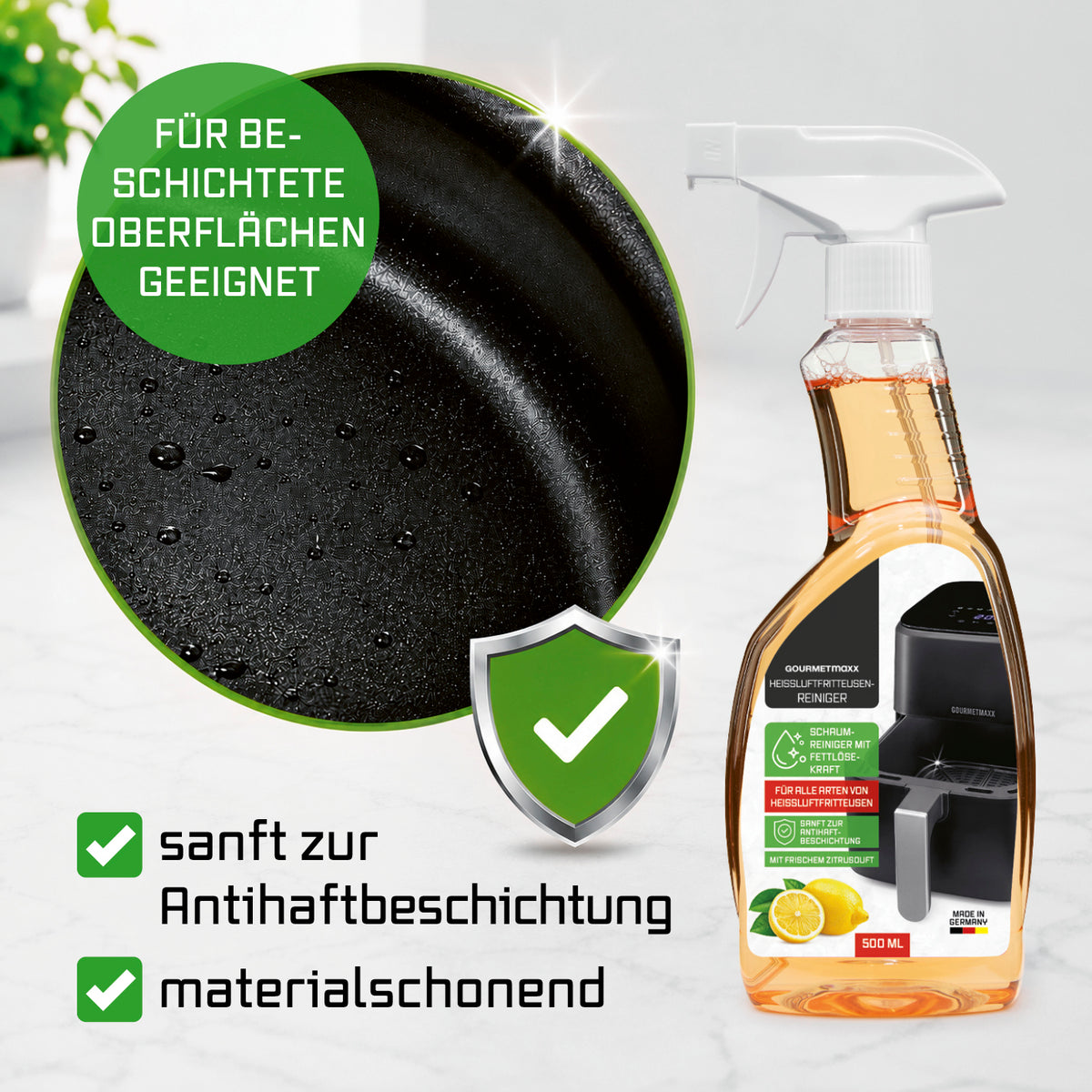 FryUp Heißluftfritteusen-Reiniger - 500 ml wirkt materialschonend und reinigt schonend Antihaftbeschichtungen auf beschichteten Oberflächen.