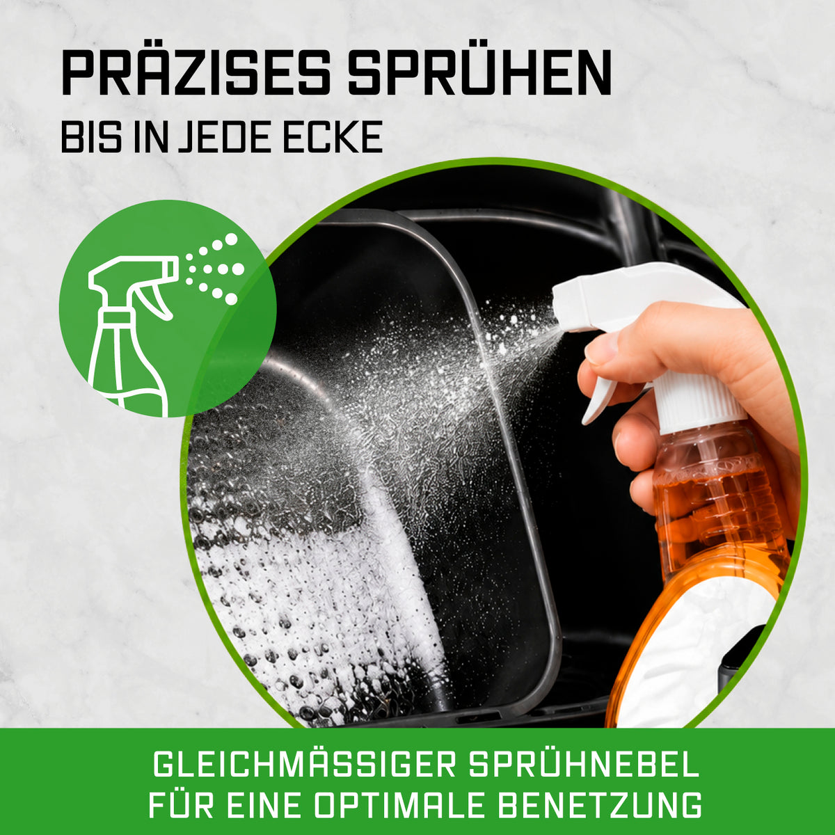 FryUp Heißluftfritteusen-Reiniger - 500 ml erzeugt feinen Sprühnebel zur gründlichen und gleichmäßigen Reinigung schwer zugänglicher Stellen.