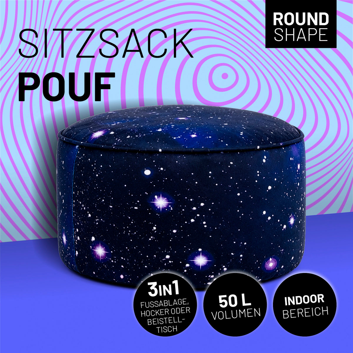 Sitzsack Pouf Galaxy mit galaxieinspiriertem Muster, vielseitig als Fussablage, Hocker oder Beistelltisch für den Indoor-Bereich.