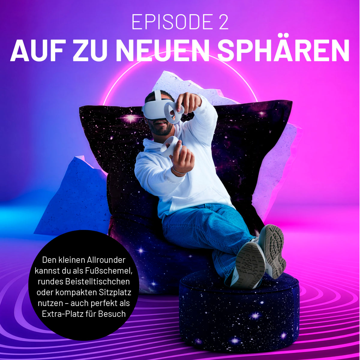 Sitzsack Pouf Galaxy mit galaxieinspiriertem Design, vielseitig nutzbar als Sitzgelegenheit, Fußablage oder Beistelltisch.
