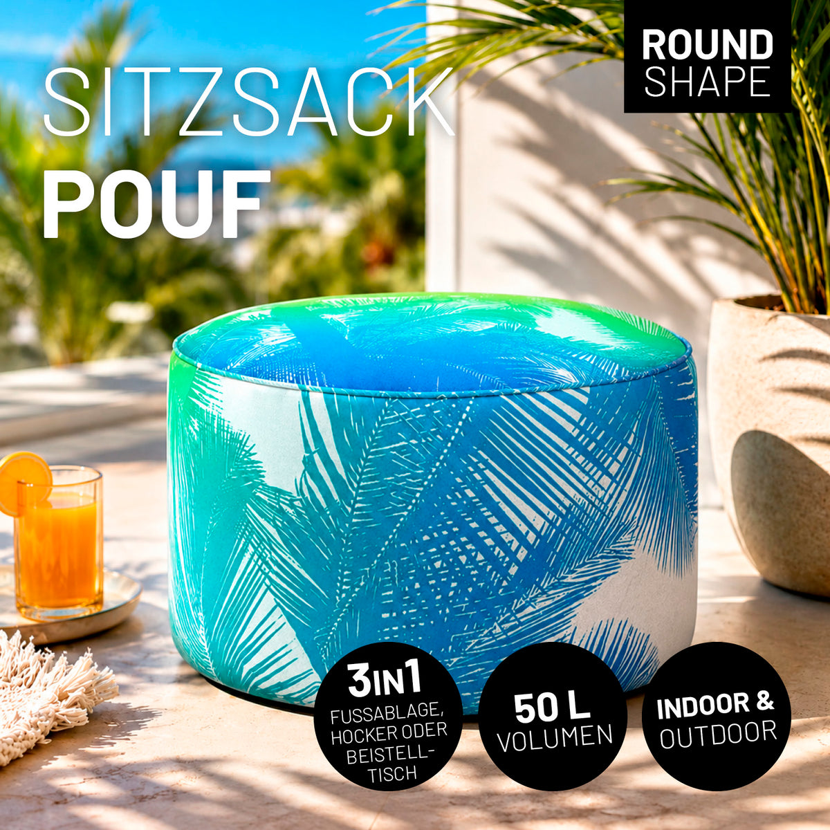 Sitzsack Pouf Tropical mit rundem Design und tropischem Blätterdruck, vielseitig als Sitzgelegenheit, Hocker oder Fußablage für drinnen und draußen.