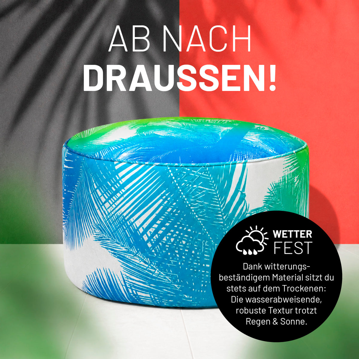 Sitzsack Pouf Tropical mit wasserabweisendem Bezug und tropischem Blattmotiv in Blau und Grün, wetterfest für den Außenbereich.