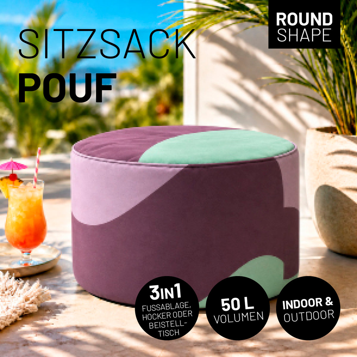 Sitzsack Pouf Wave mit rundem Design in harmonischer Farbgebung, vielseitig nutzbar als Sitzgelegenheit, Hocker oder Beistelltisch für drinnen und draußen.