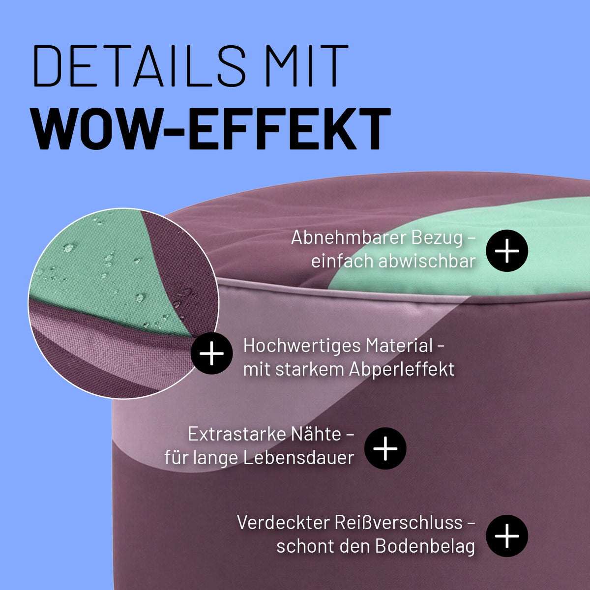 Sitzsack Pouf Wave mit abnehmbarem, wasserabweisendem Bezug, extra starken Nähten und verdecktem Reißverschluss für lange Haltbarkeit.