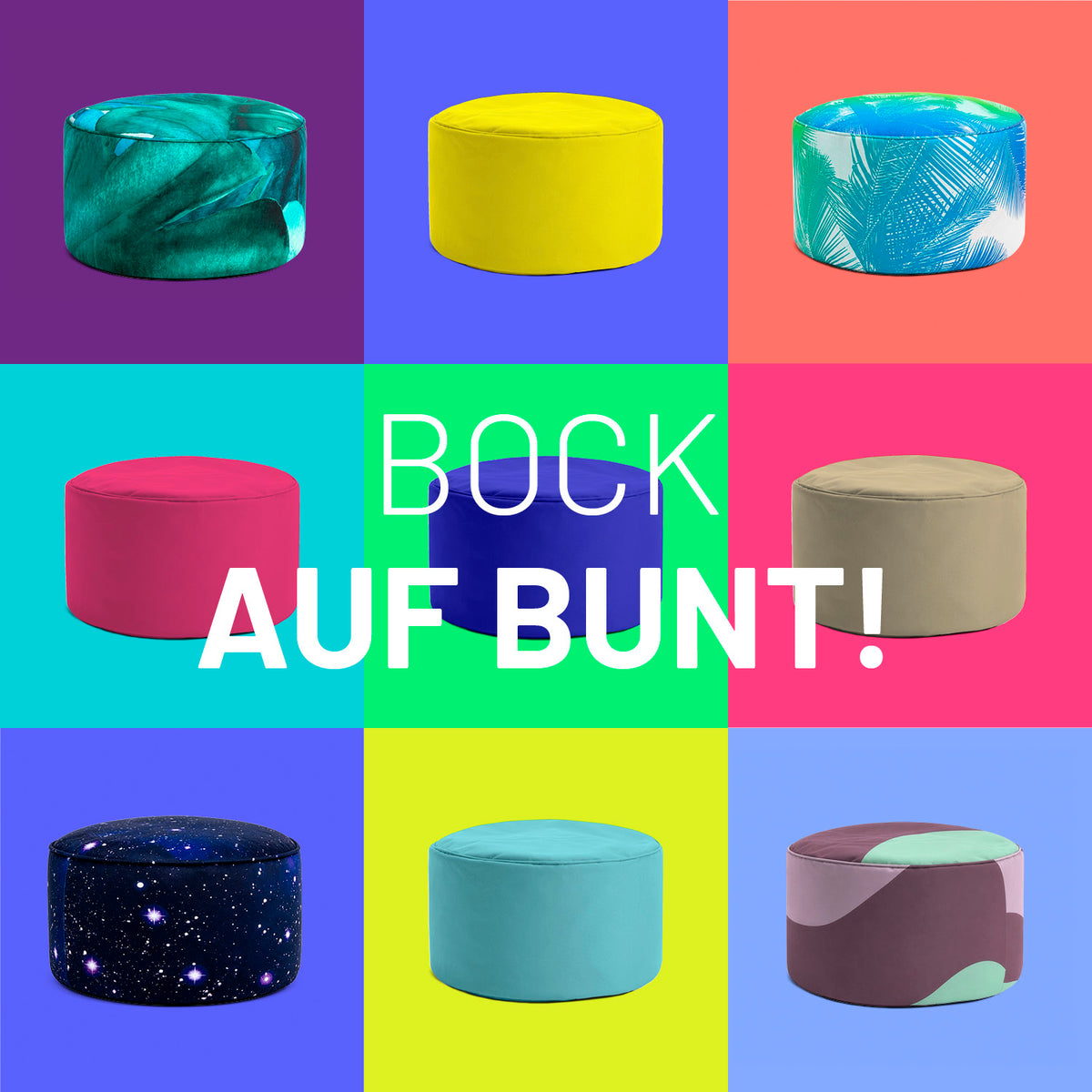 Sitzsack Pouf Wave in neun verschiedenen Farben und Mustern, ideal als vielseitiger und bequemer Sitzhocker für drinnen und draußen.