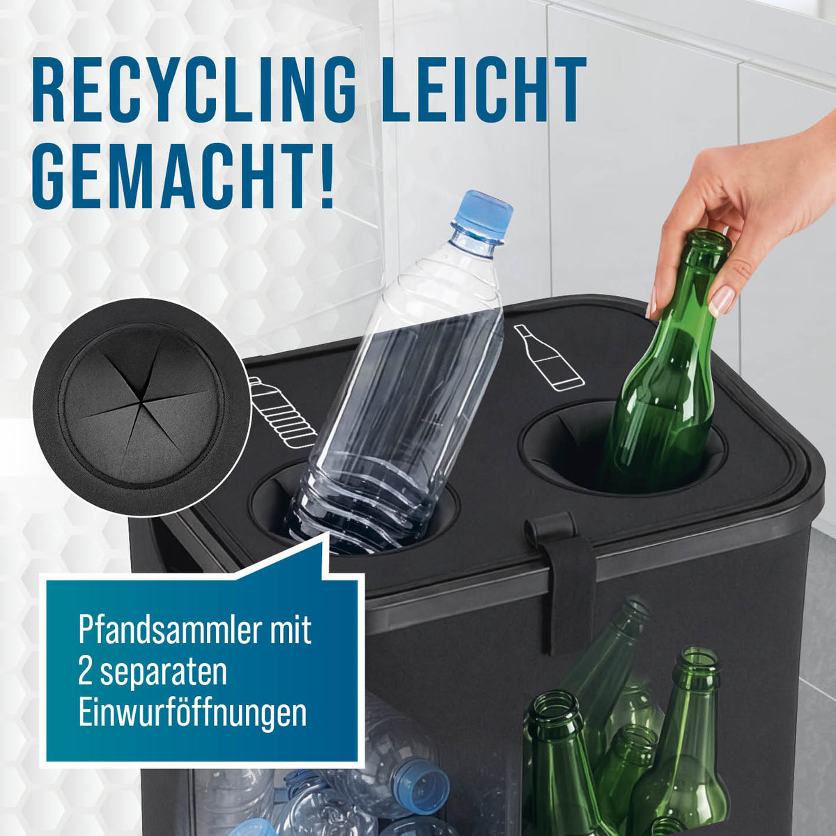 2in1 Glas- & Pfandflaschen-Sammelbehälter mit zwei separaten Einwurföffnungen für Plastikflaschen und Glasflaschen