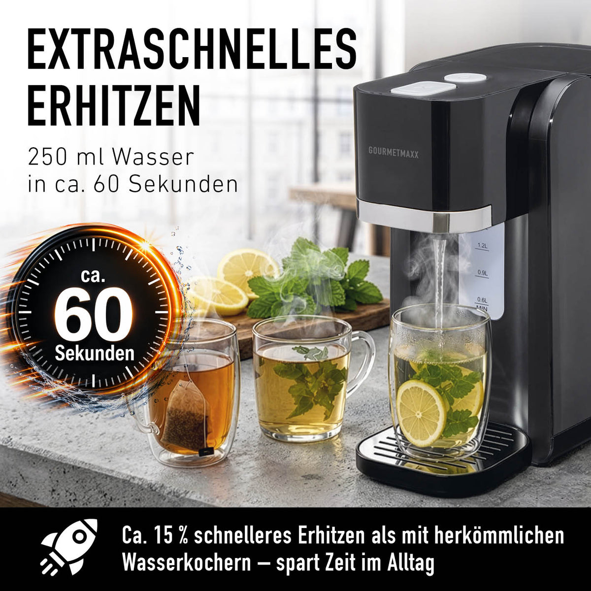 Heißwasserspender - 2200 Watt erhitzt 250 ml Wasser in circa 60 Sekunden und spart Zeit gegenüber herkömmlichen Wasserkochern