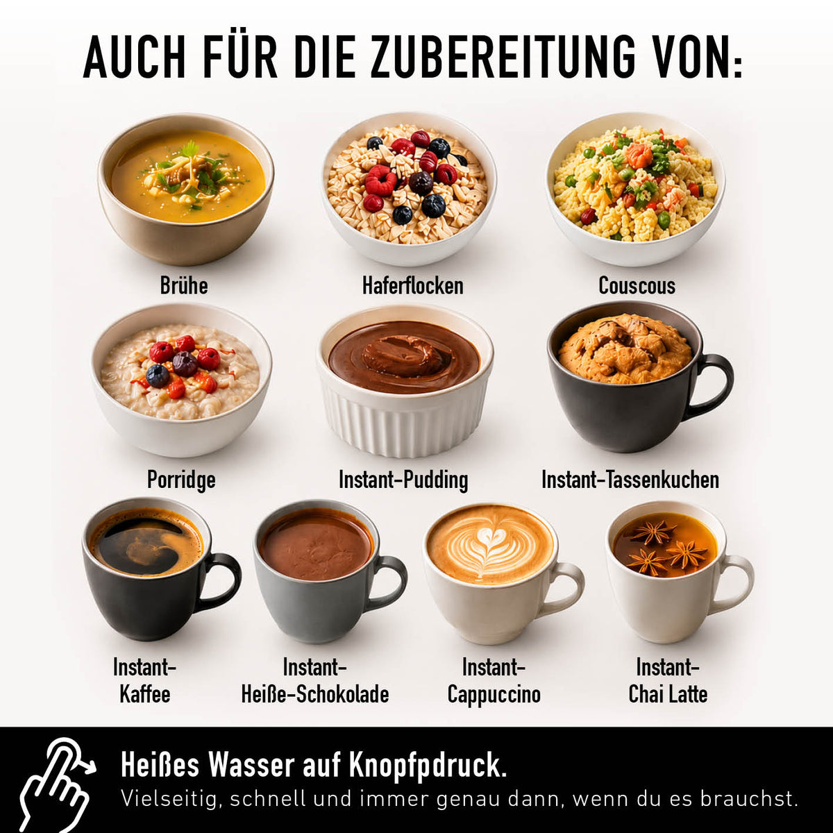 Heißwasserspender - 2200 Watt als Infografik für Brühe Haferflocken Couscous Porridge und Instantgetränke per Knopfdruck