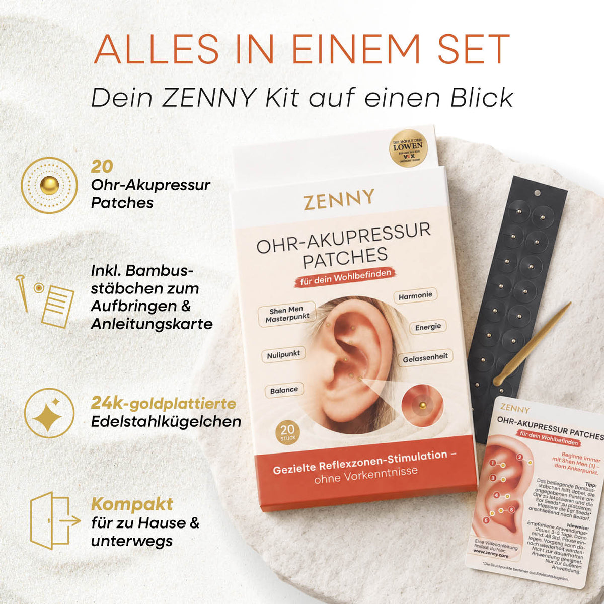 Infografik zum Ohr-Akupressur Set - 20 Patches mit Box und Anleitung sowie Bambusstab und 24k-goldplattierten Edelstahlkügelchen