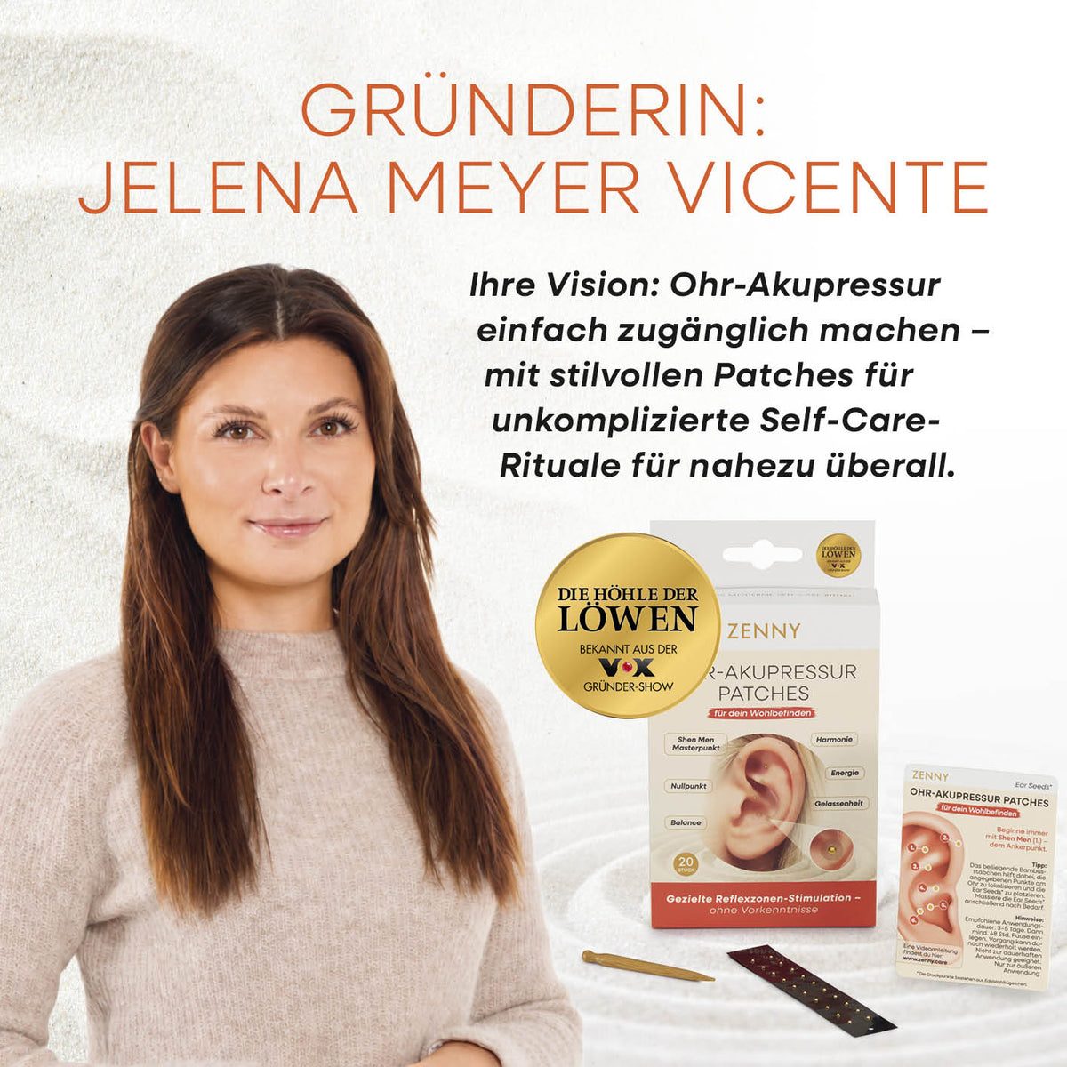 Ohr-Akupressur Set - 20 Patches mit Gründerin Jelena Meyer Vicente und Produktverpackung für Ohrakupressur