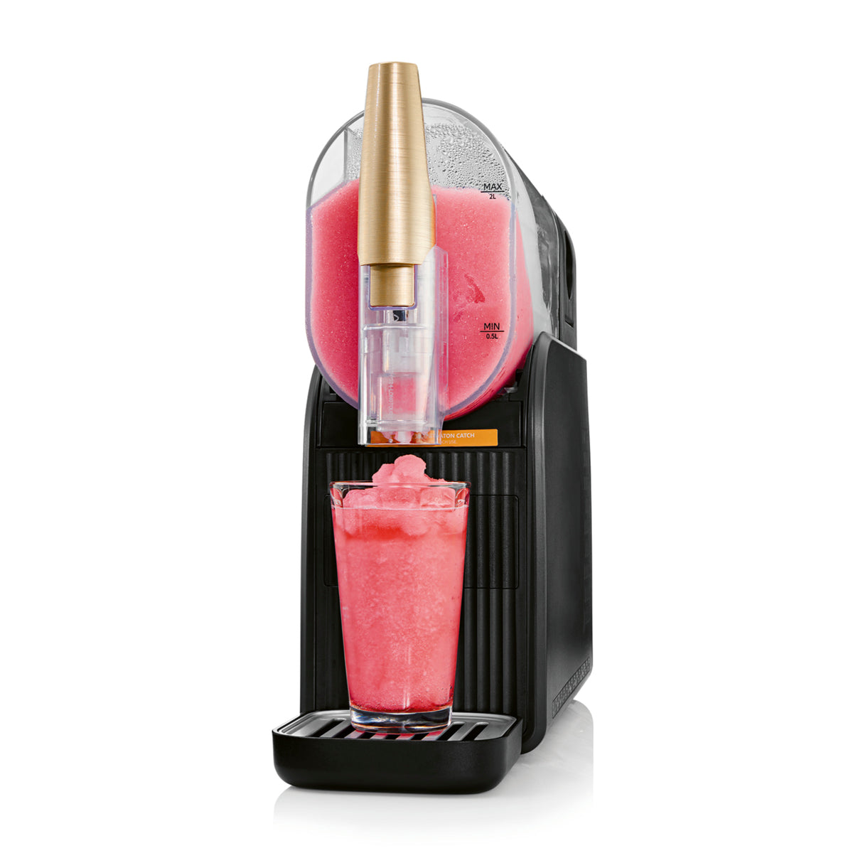 FreezeUp Slush Eis Maschine in Schwarz mit rotem Slush-Eis und gefülltem Becher