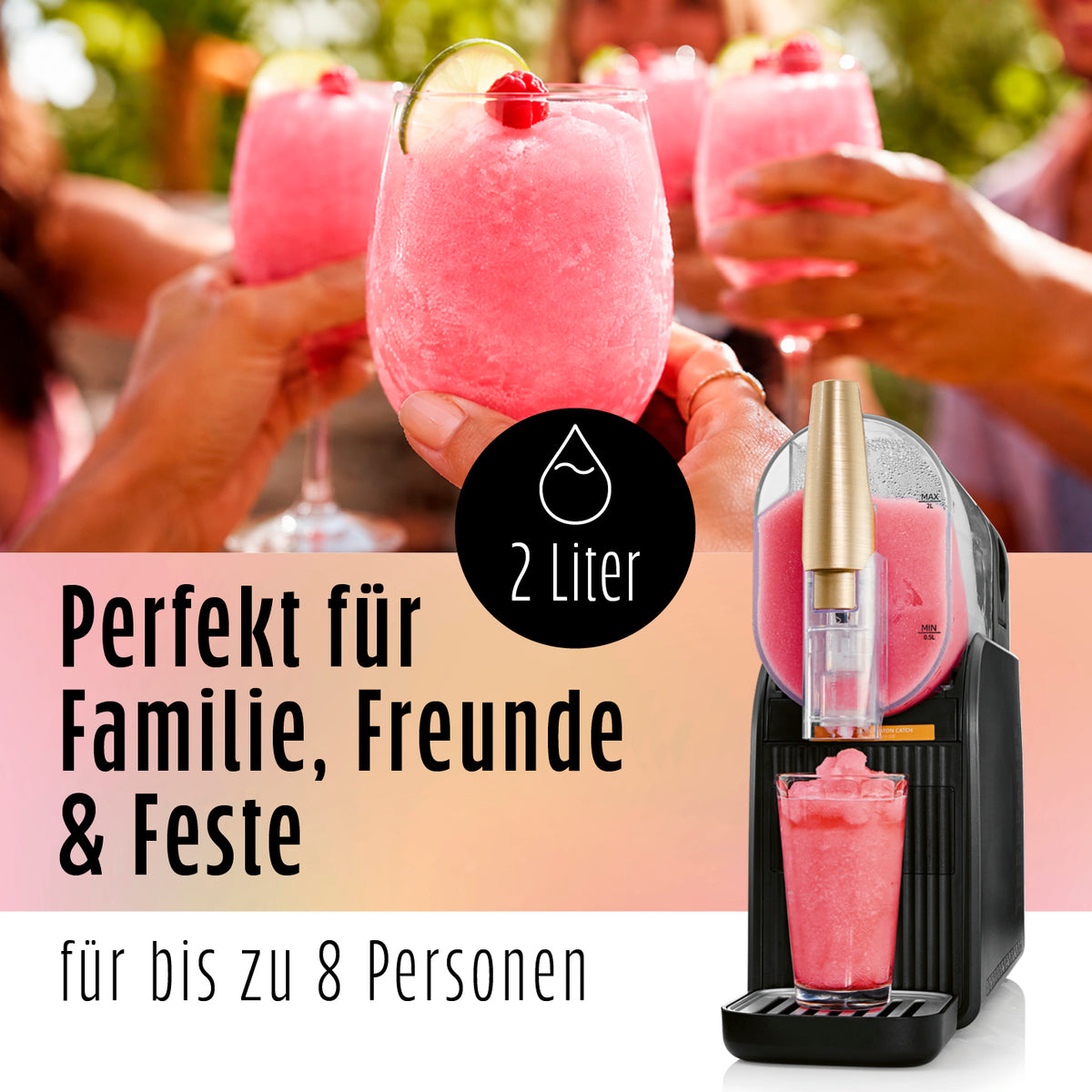 FreezeUp Slush Eis Maschine mit 2 Liter Fassungsvermögen für bis zu 8 Personen bei Familie, Freunden und Festen