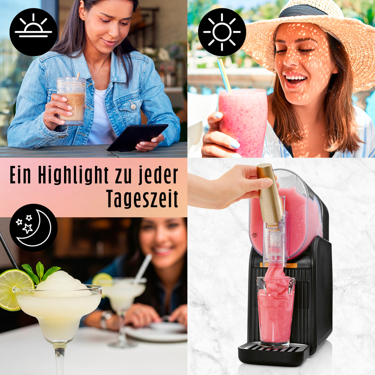 FreezeUp Slush Eis Maschine mit rosafarbenem Slush-Getränk für erfrischende Momente zu jeder Tageszeit