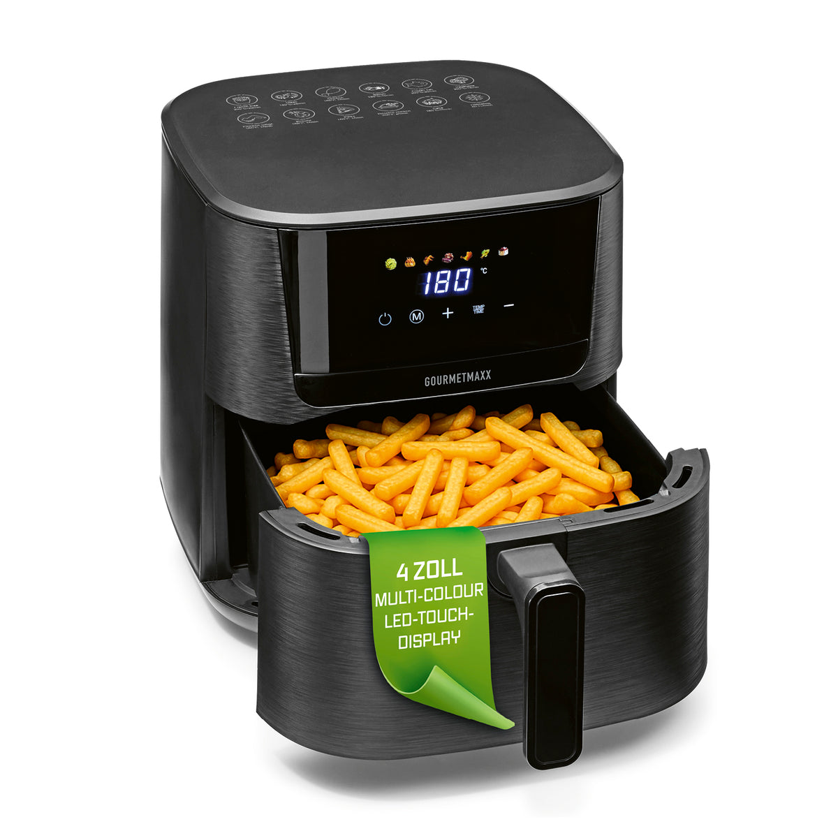 Heißluftfritteuse 6,5 Liter in Schwarz mit digitaler Anzeige und herausnehmbarem Korb voller goldbrauner Pommes