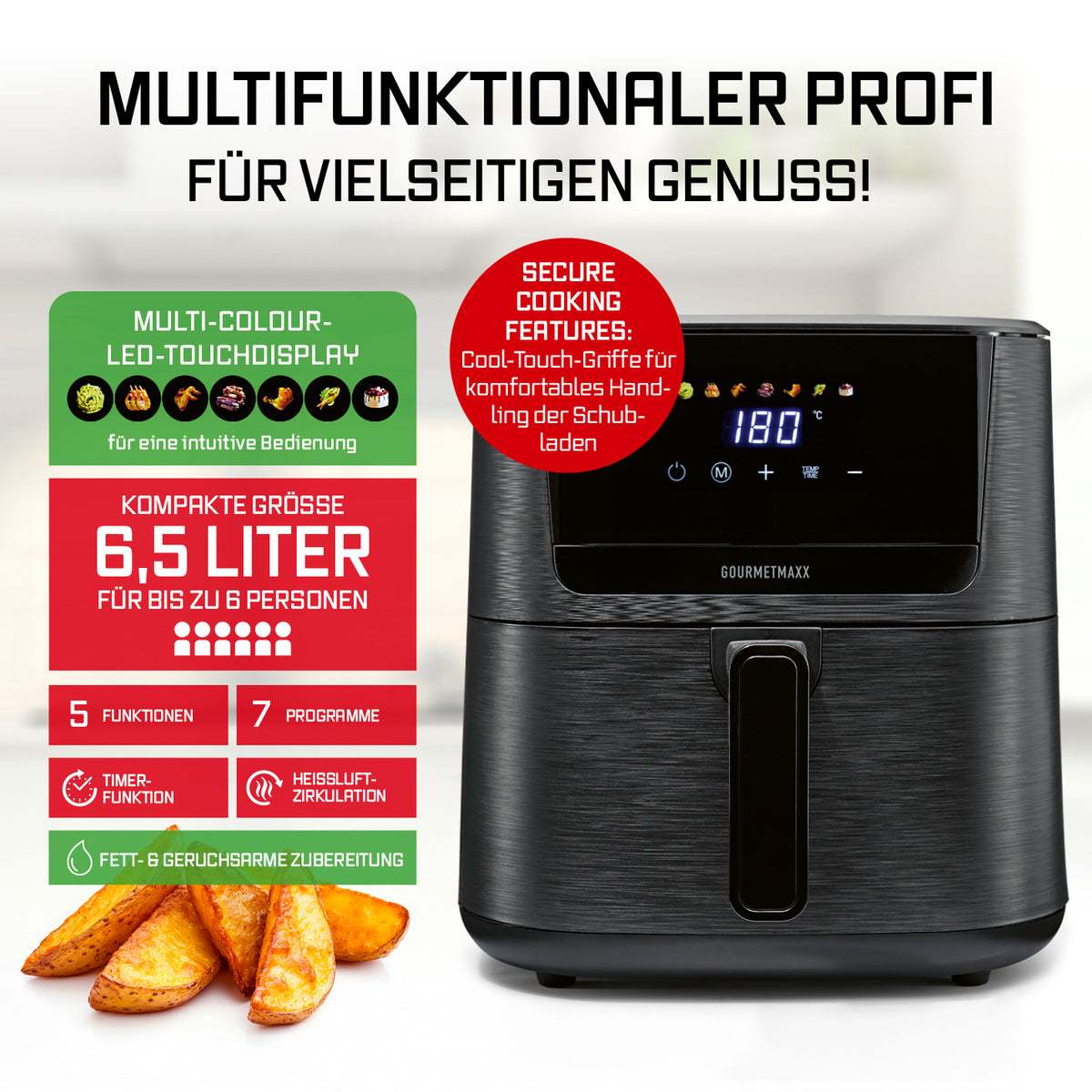 Heißluftfritteuse 6,5 Liter mit schwarzem Touchdisplay 7 Programmen und fettarmer Zubereitung knuspriger Kartoffelspalten