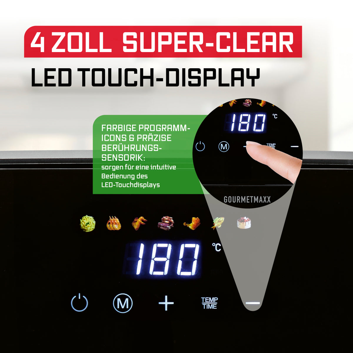 Heißluftfritteuse 6,5 Liter mit 4 Zoll LED Touch Display und farbigen Programmsymbolen für intuitive Bedienung