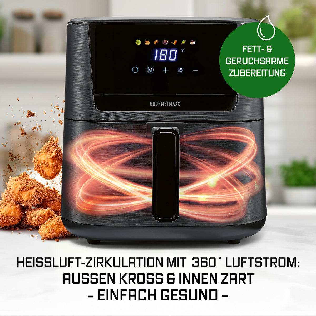 Heißluftfritteuse 6,5 Liter mit 360 Grad Heißluftzirkulation für knusprige Speisen bei fettarmer Zubereitung