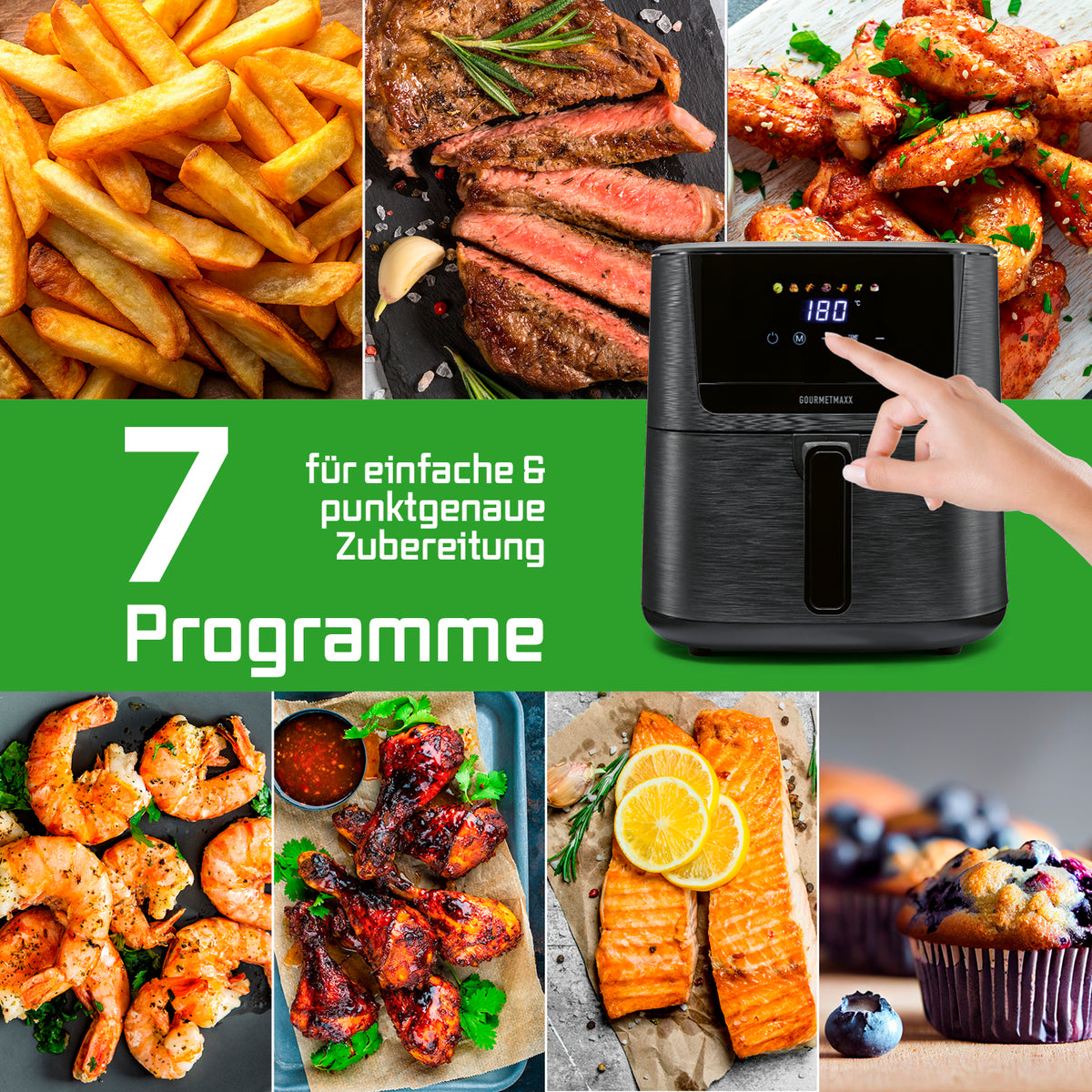 Heißluftfritteuse 6,5 Liter mit 7 Programmen und digitalem Display für Pommes Fleisch Garnelen Lachs und Muffins