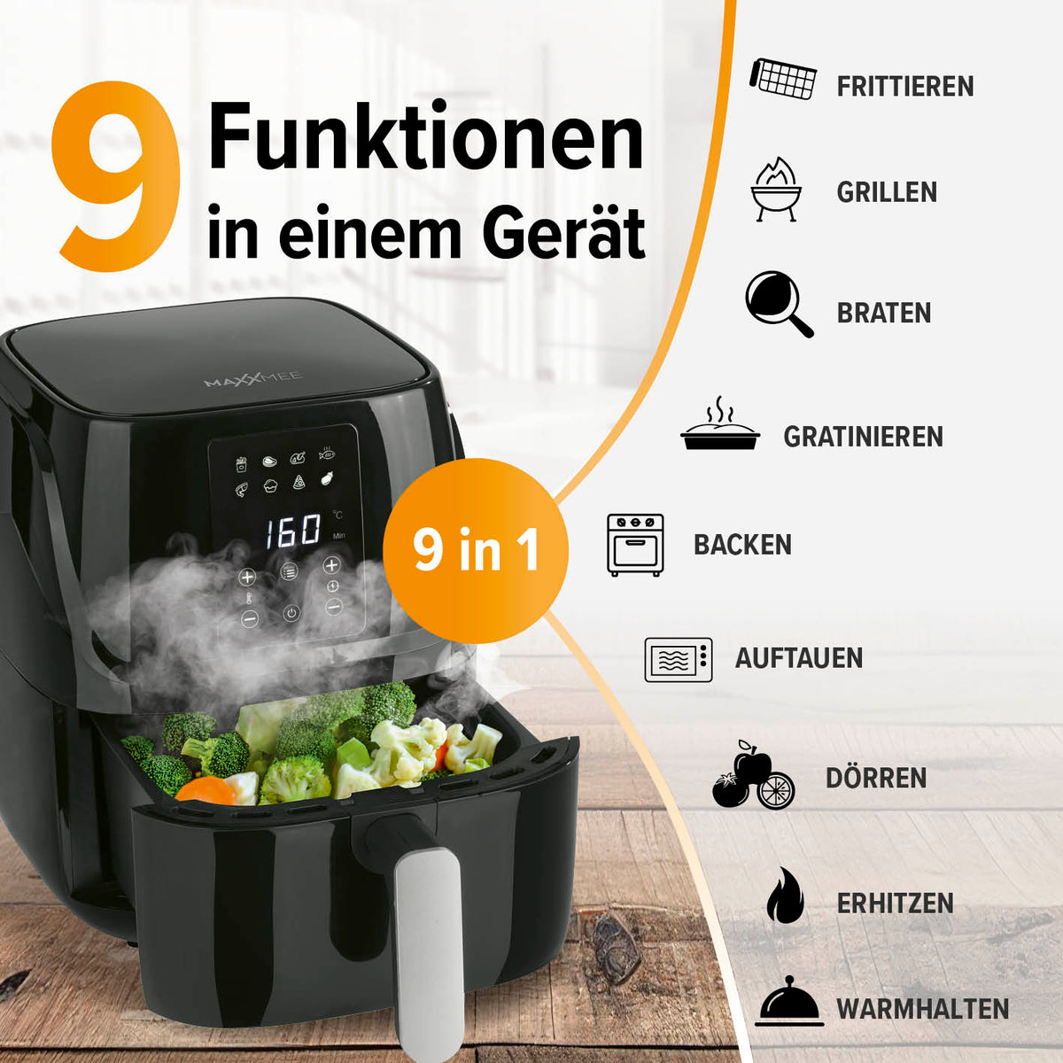 Heißluftfritteuse mit 9 Funktionen für fettarmes Frittieren, Grillen, Braten, Backen und mehr, ideal für vielseitiges Garen.