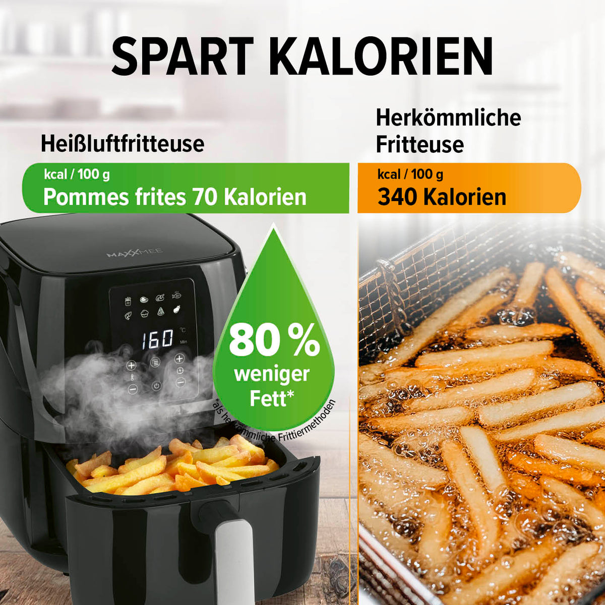 Heißluftfritteuse mit 80 % weniger Fett frittiert Pommes mit 70 Kalorien pro 100 g im Vergleich zur herkömmlichen Fritteuse.