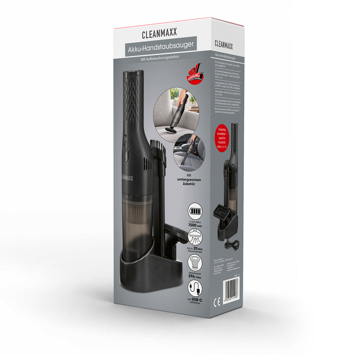 Akku-Handstaubsauger - Schwarz in Produktverpackung mit Ladestation und verschiedenen Aufsätzen