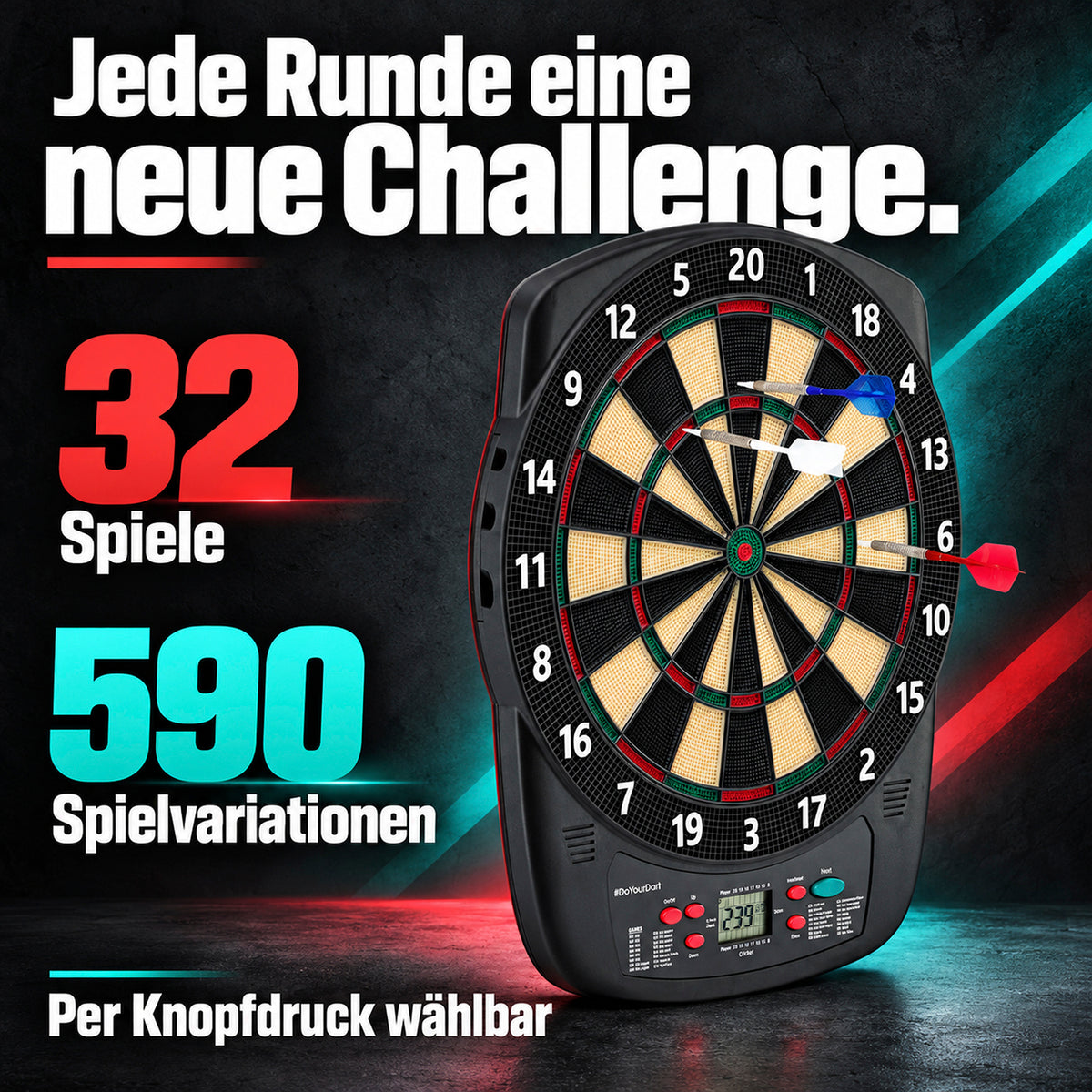 Elektro-Dartscheibe - inkl. 12 Darts mit Flights mit 32 Spielen und 590 Spielvariationen
