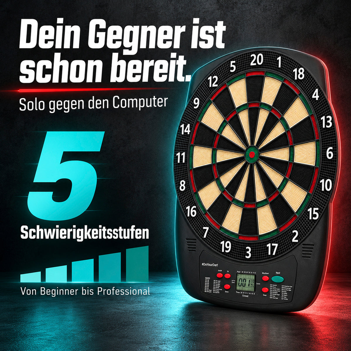 Elektro-Dartscheibe - inkl. 12 Darts mit Flights mit 5 Schwierigkeitsstufen für Solo-Spiele gegen den Computer