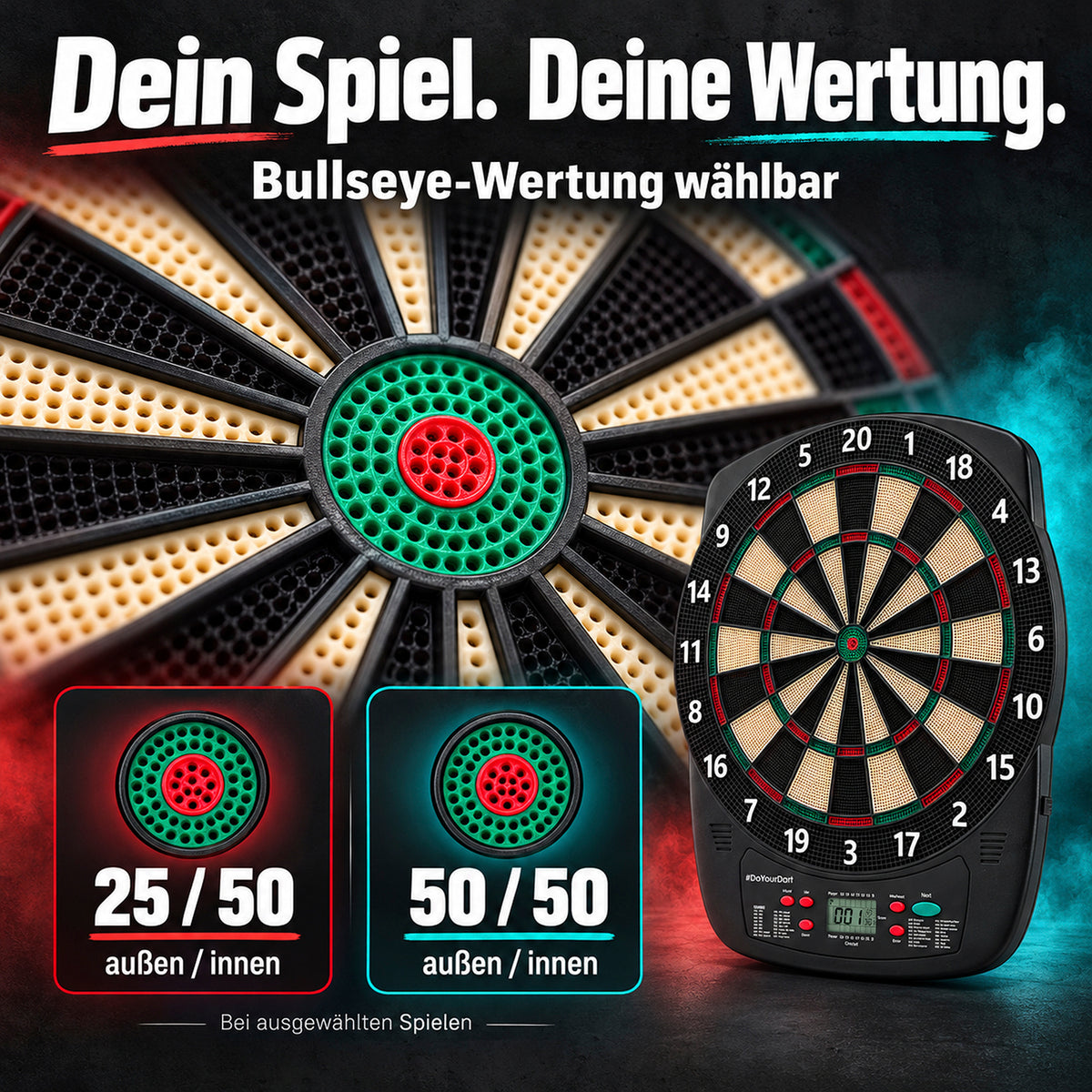 Elektro-Dartscheibe - inkl. 12 Darts mit Flights mit wählbarer Bullseye-Wertung 25/50 und LCD-Anzeige