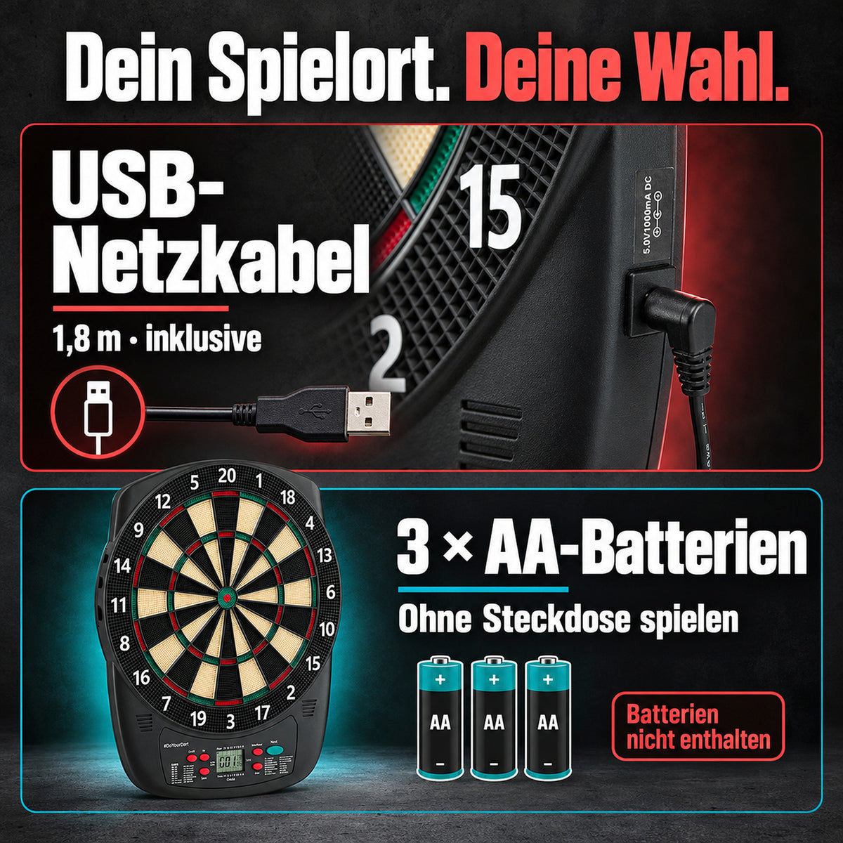 Elektro-Dartscheibe - inkl. 12 Darts mit Flights mit 1,8 m USB-Netzkabel und Batteriebetrieb für 3 AA-Batterien