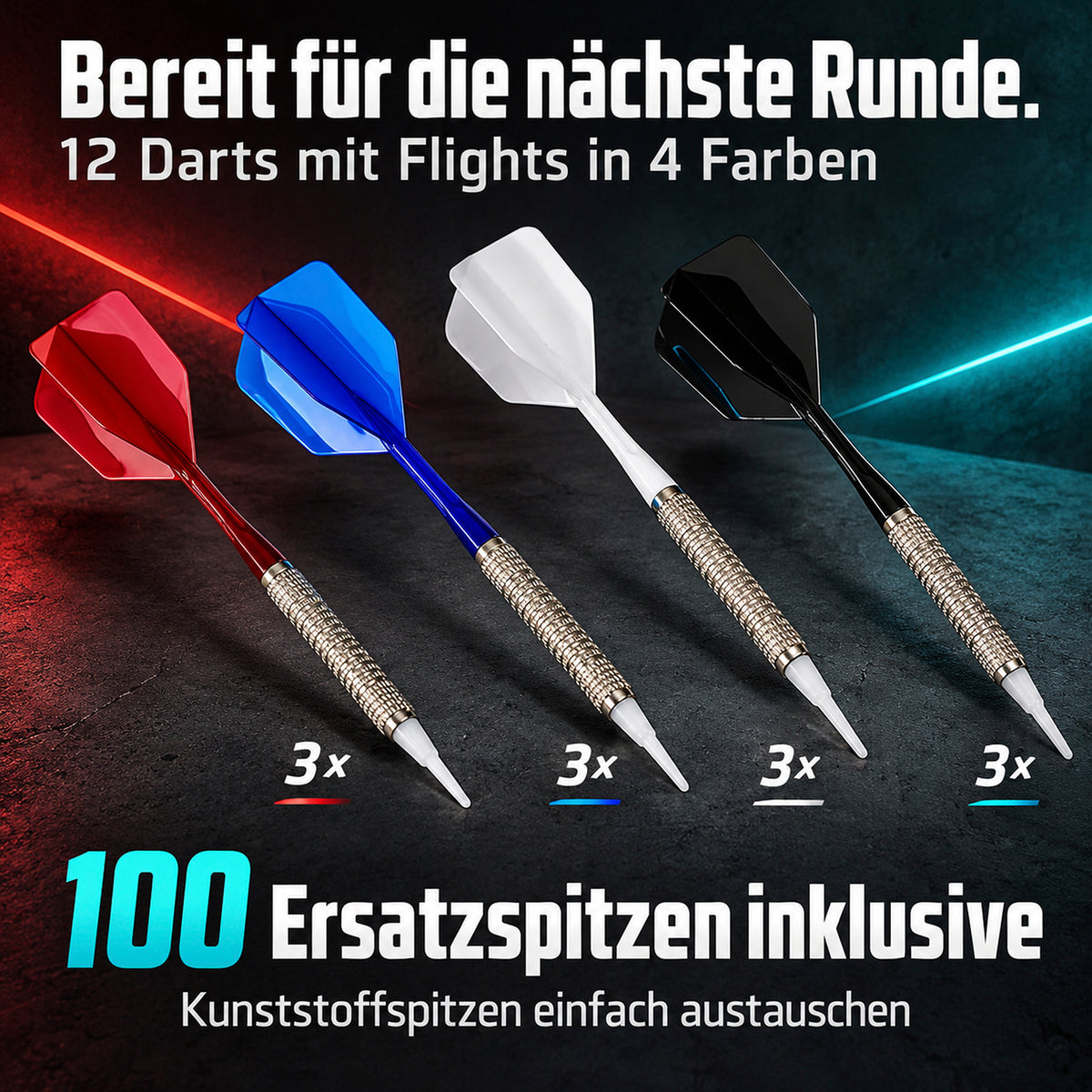 Elektro-Dartscheibe - inkl. 12 Darts mit Flights in Rot Blau Weiß und Schwarz mit 100 Ersatzspitzen