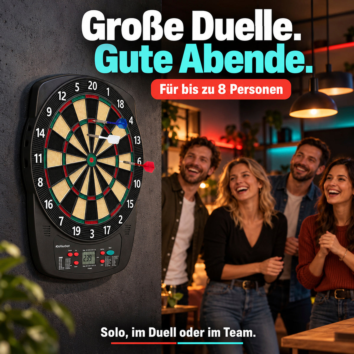 Elektro-Dartscheibe - inkl. 12 Darts mit Flights für Dartduelle mit bis zu 8 Personen im Solo-Modus oder Team